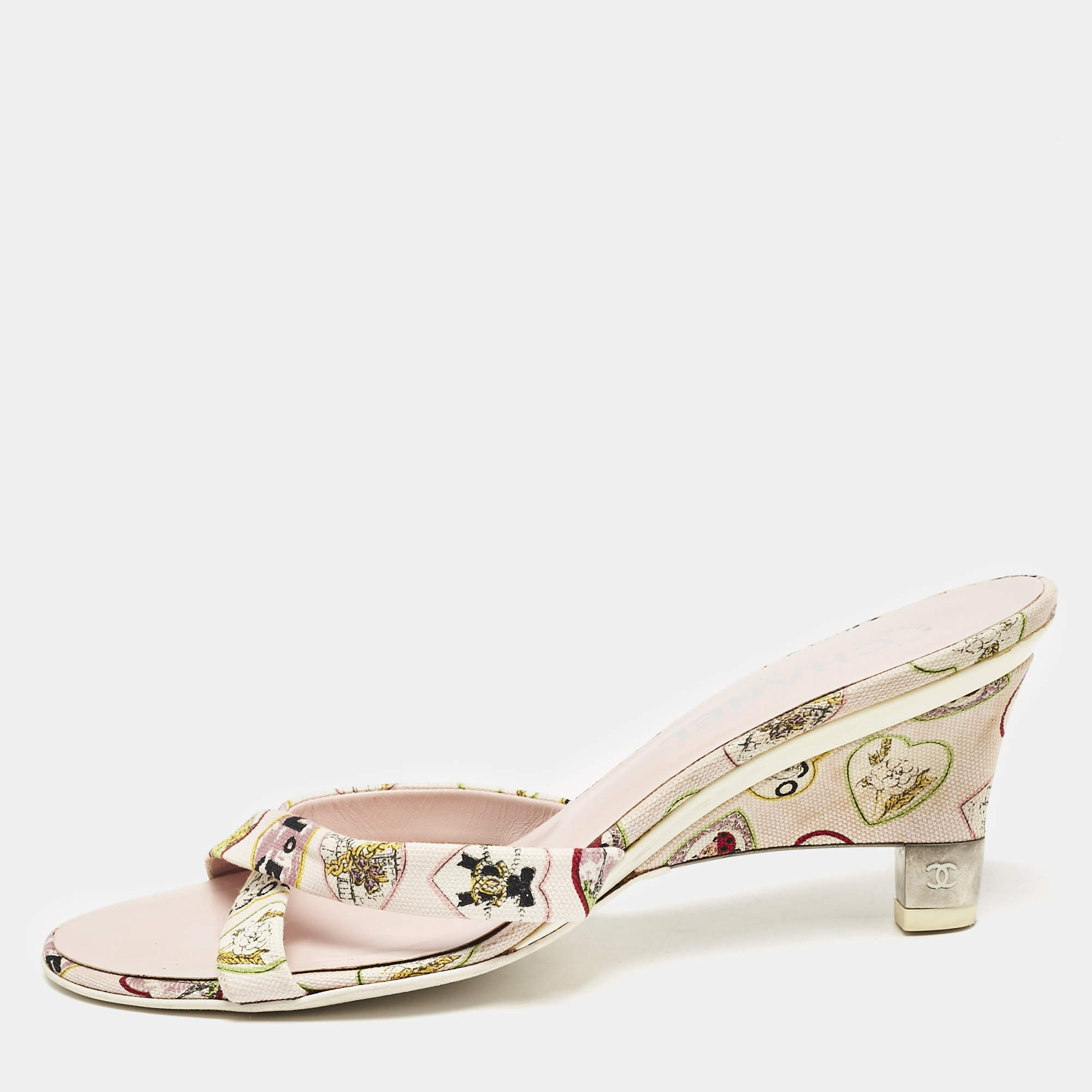 Pre Owned Chanel Multicolor Canvas Canvas Bow CC Slide Sandals Size 38.5