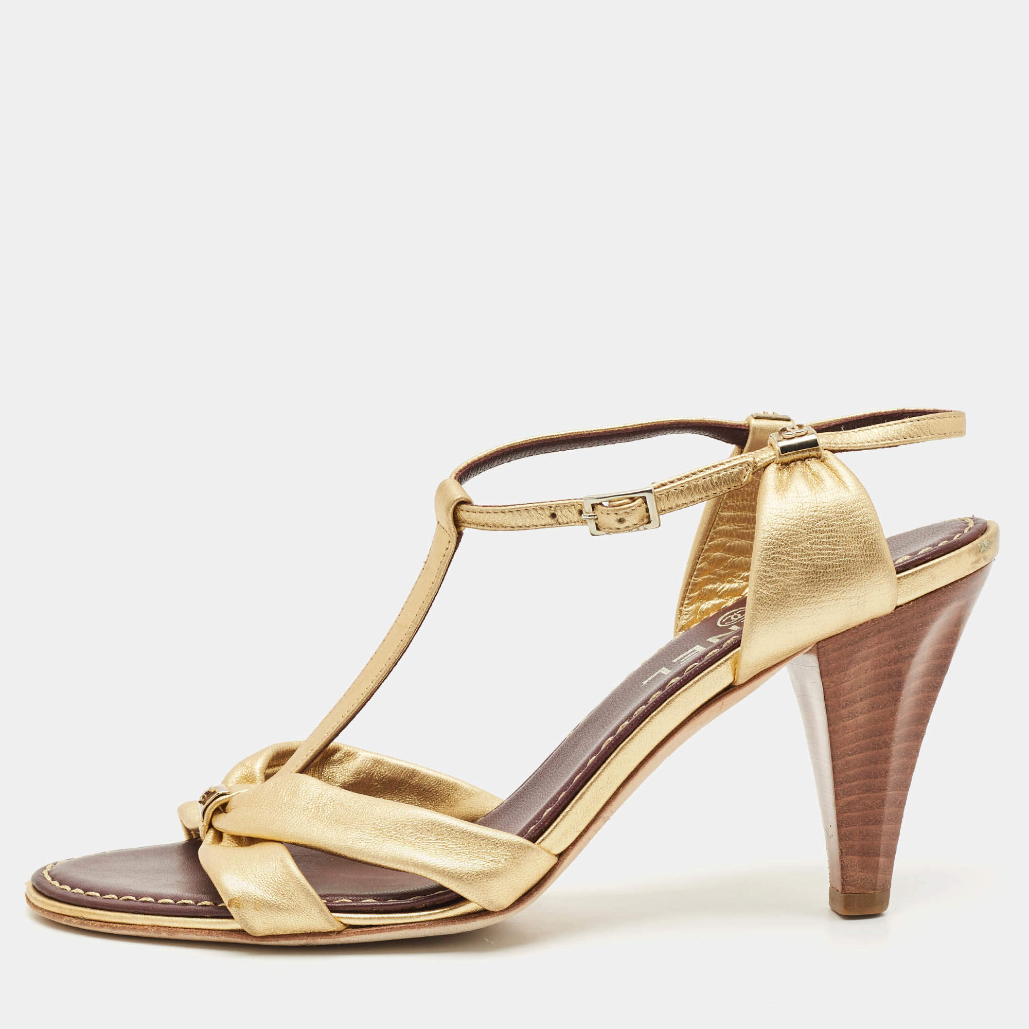 Chanel Gold Leather Slingback Sandals Size 39.5