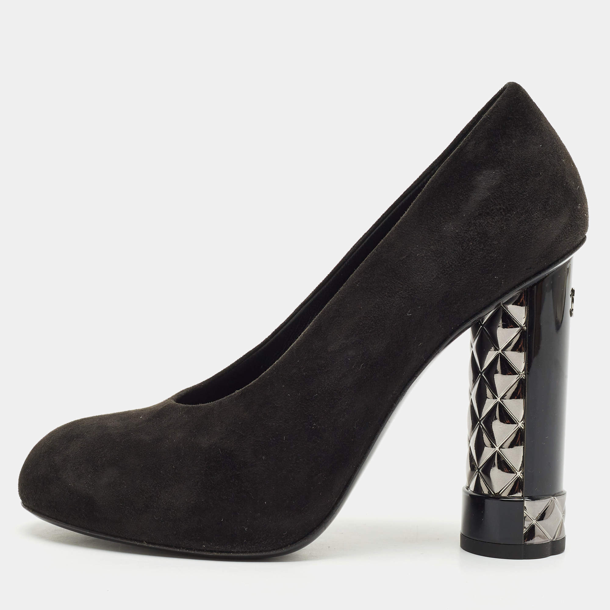 Chanel Black Suede CC Block Heel Platform Pumps Size 36