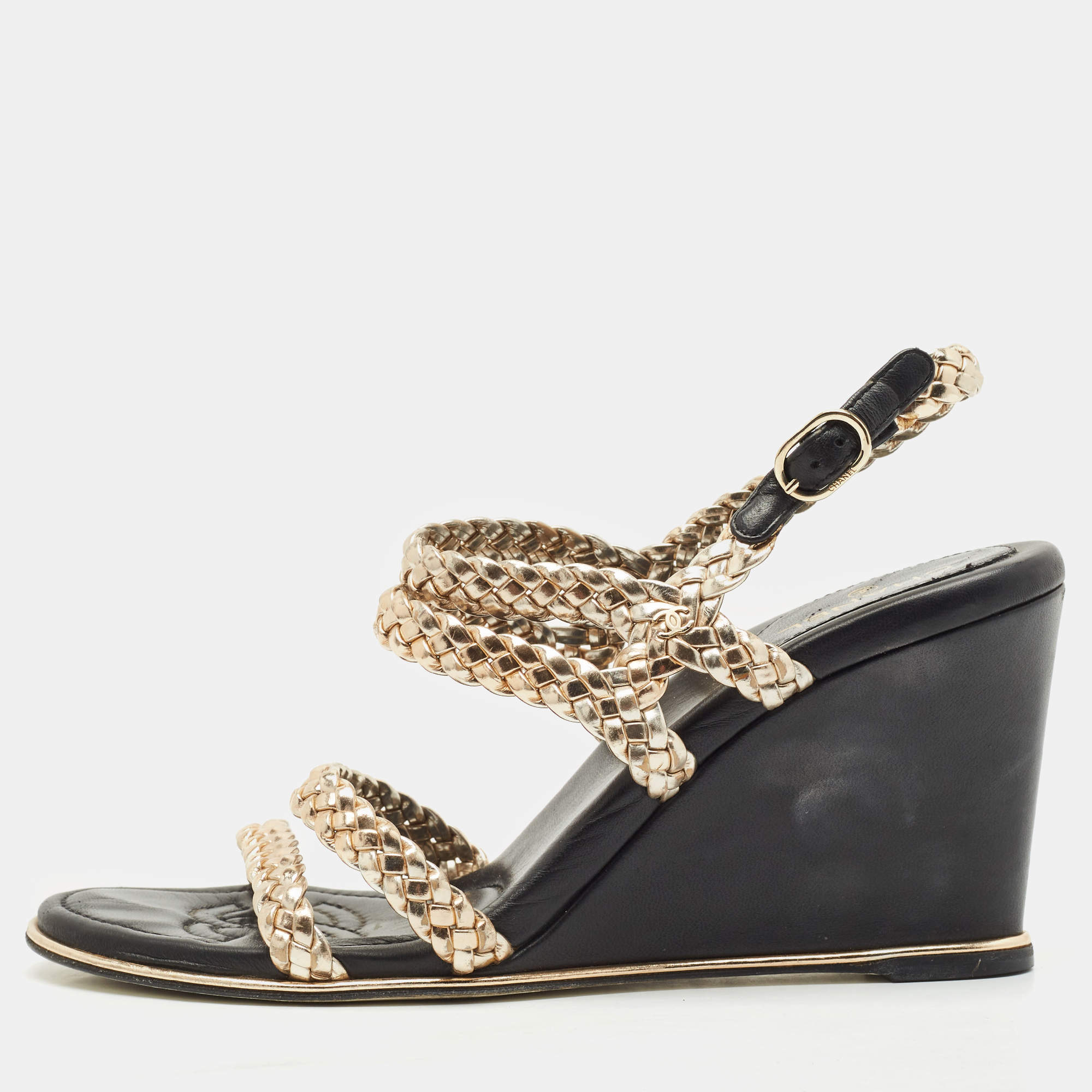 Chanel Metallic Woven Leather Ankle Strap Wedge Sandals Size 37.5