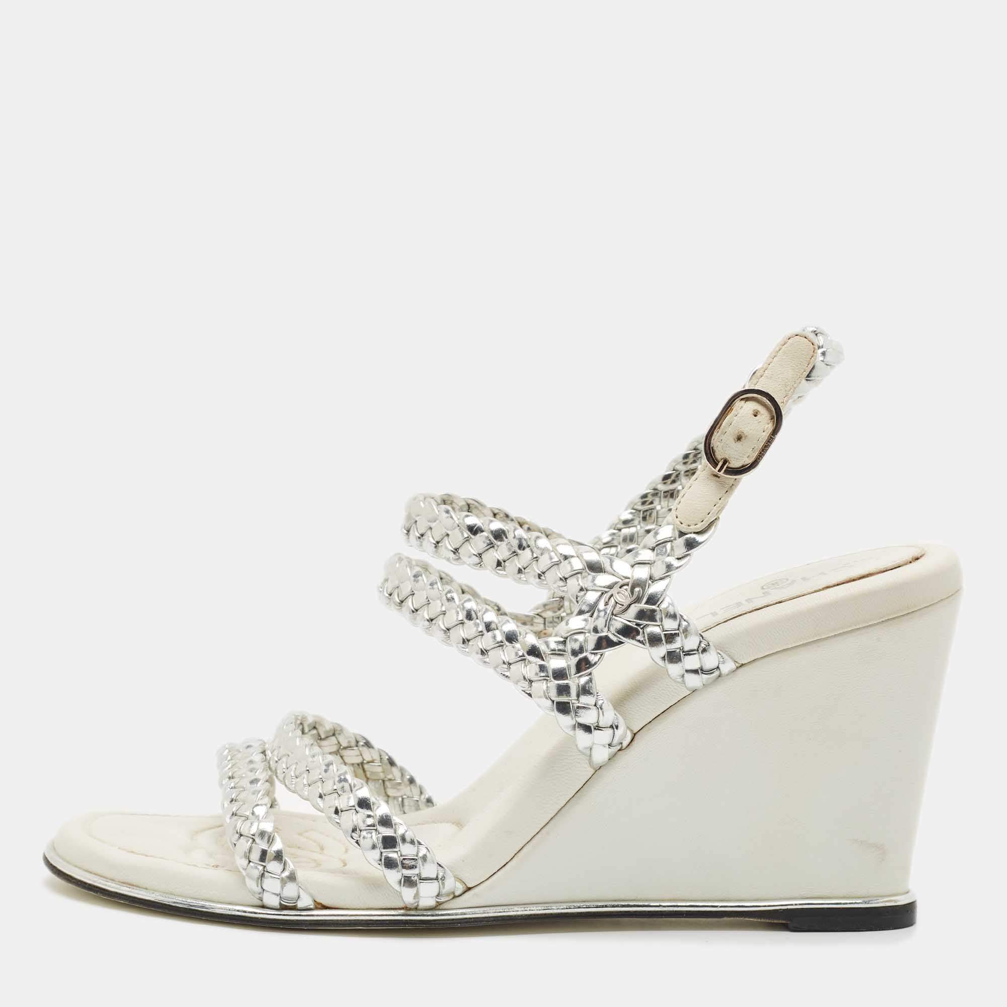 Chanel Silver Woven Leather Ankle Strap Wedge Sandals Size 36.5