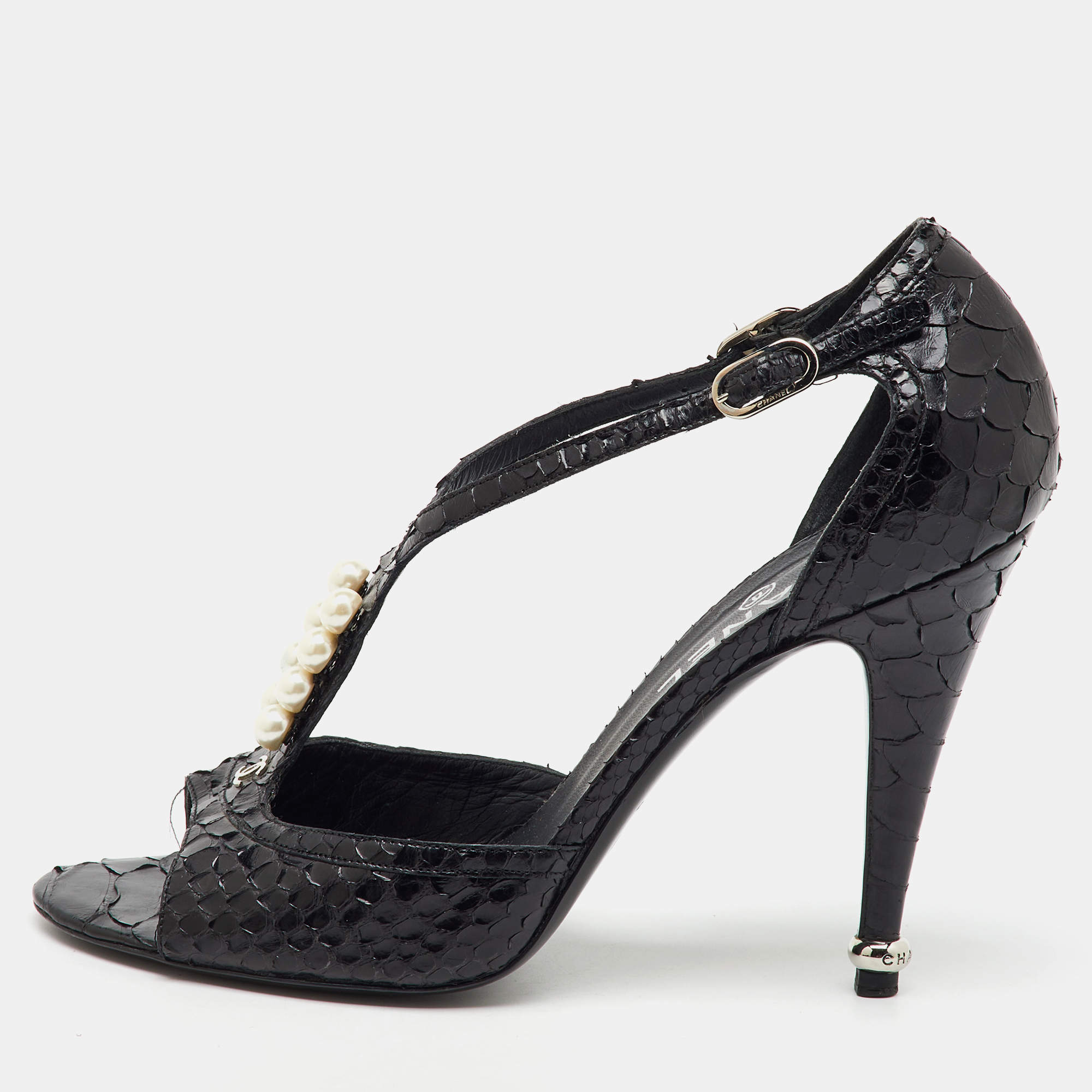 Chanel Black Python Leather CC Pearl Embellished T-Strap Sandals Size 39