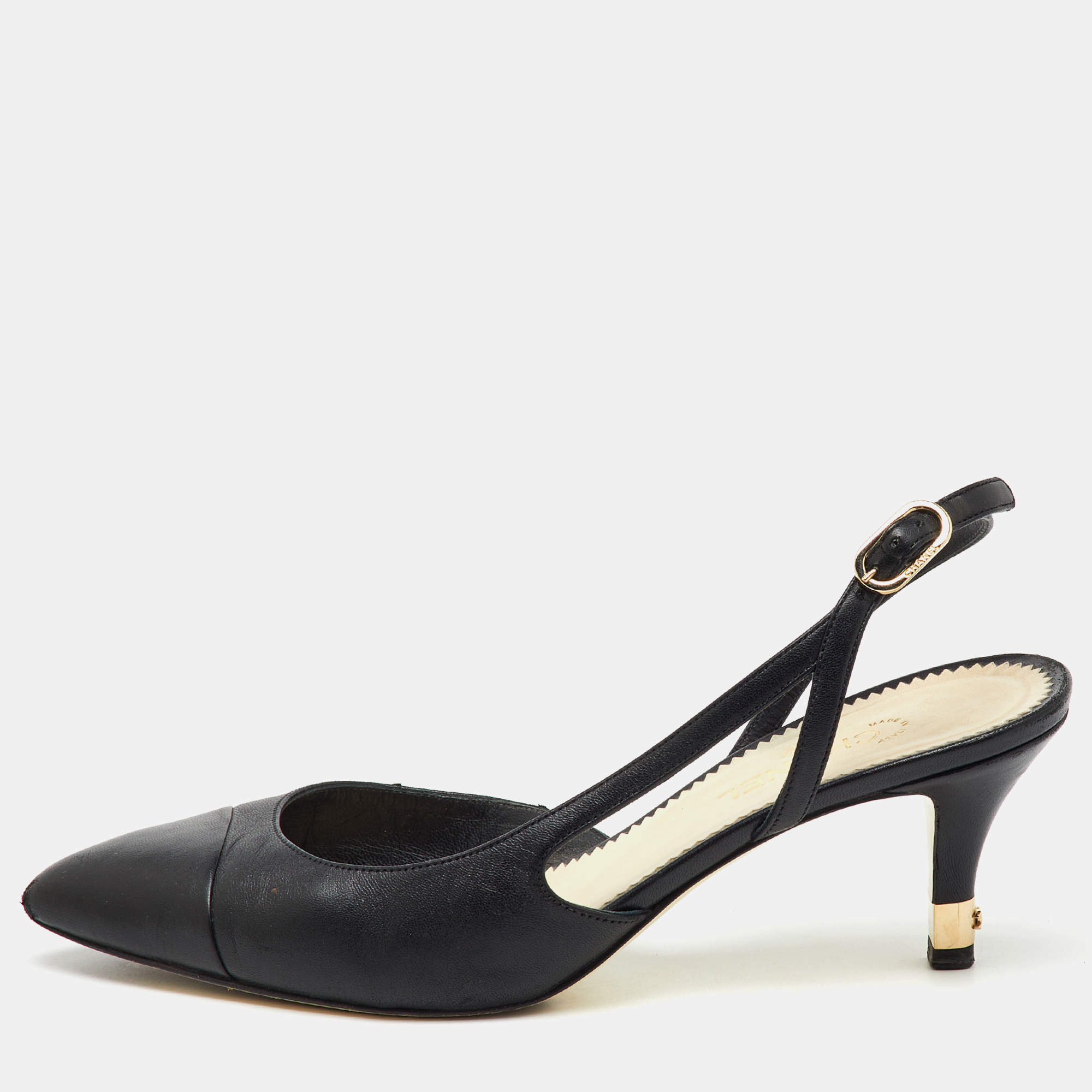 Chanel Black Leather Pointed Toe CC Heel Slingback Pumps Size 37 