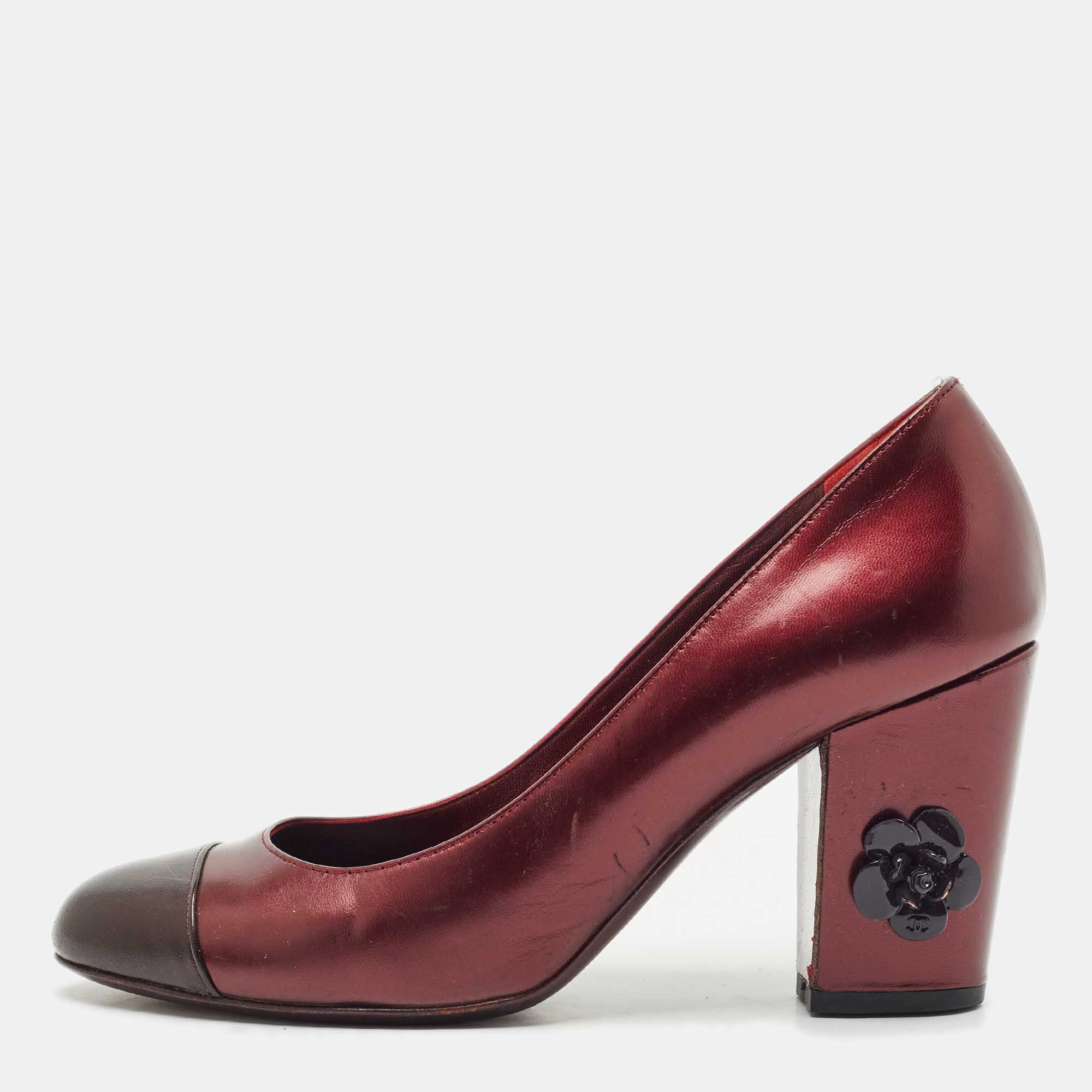 Chanel Burgundy Leather Cap Toe Camellia Flower Embellished Block Heel Pumps Size 39