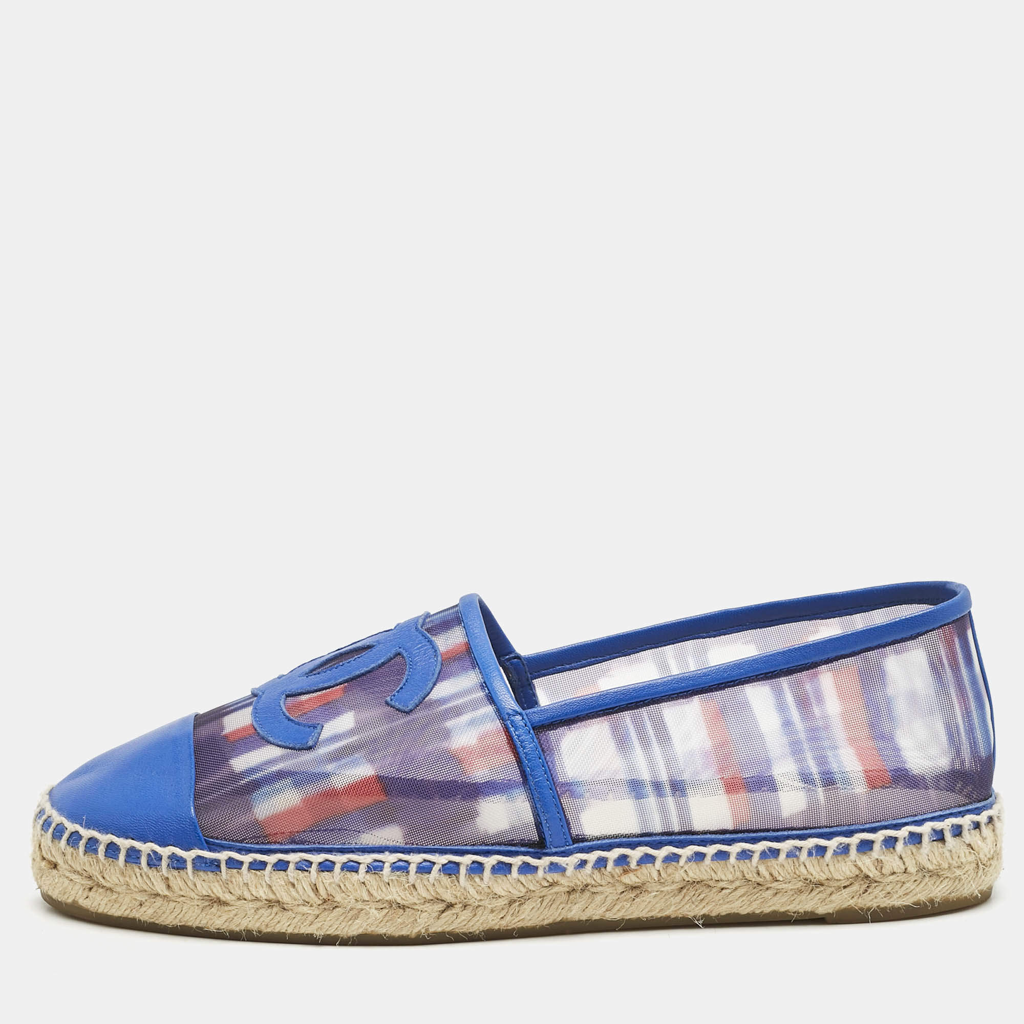 Chanel Blue Plaid Print Mesh and Leather CC Espadrille Flats Size 40