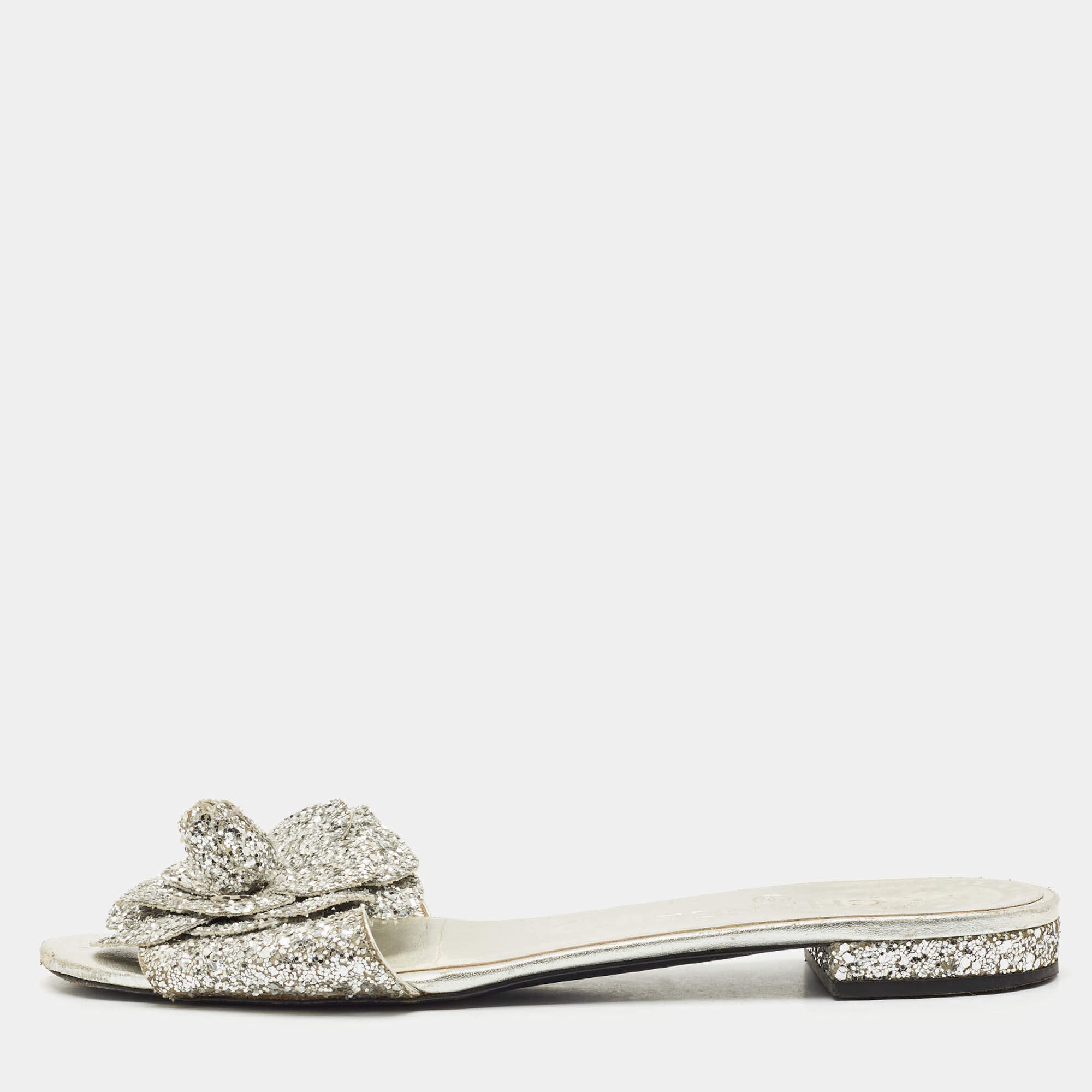 Chanel Silver Glitter and Leather Camellia Flat Slide Sandals Size 39.5