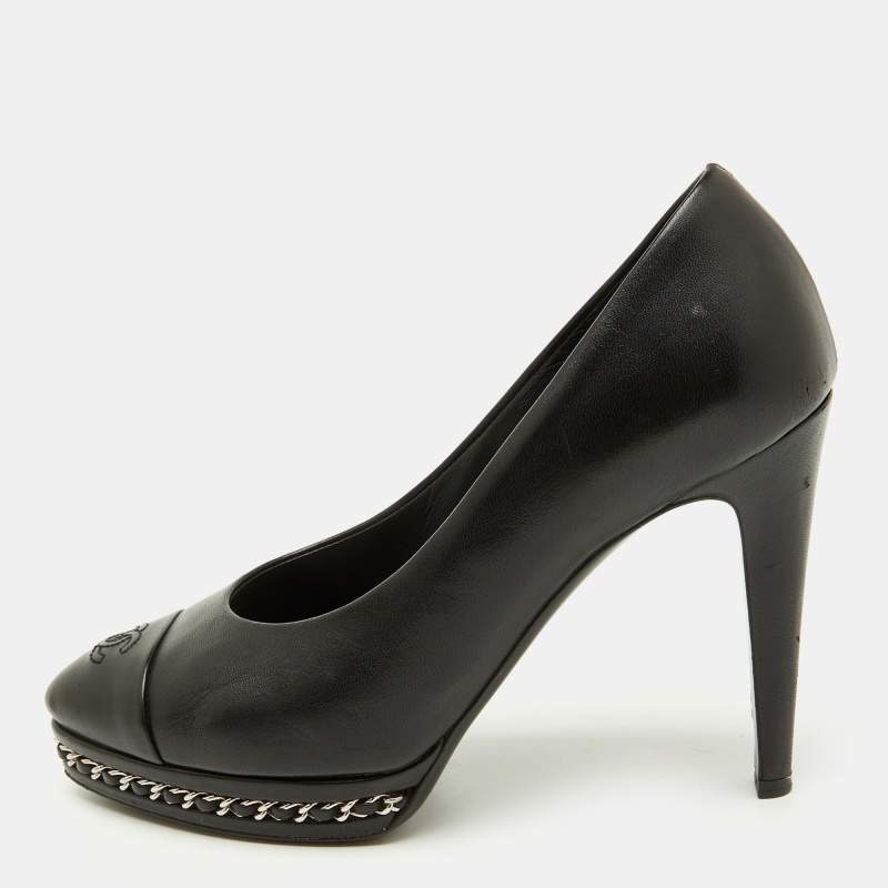 Chanel Black Leather CC Cap Toe Chain Detail Platform Pumps Size 38
