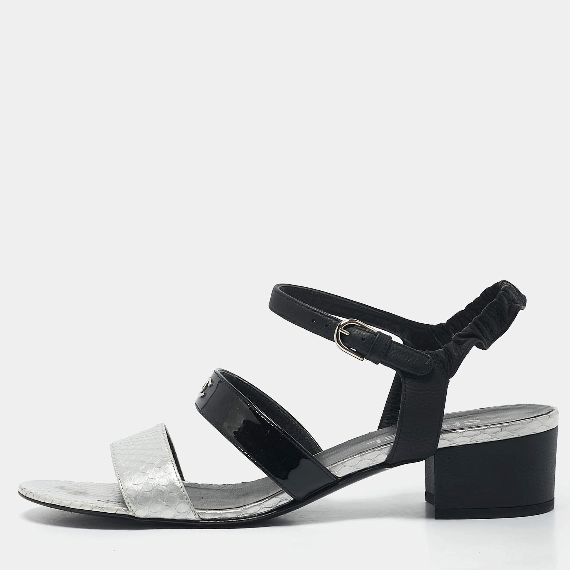 Chanel Black & Silver Leather and Watersnake Skin Slingback Sandals Size 41.5