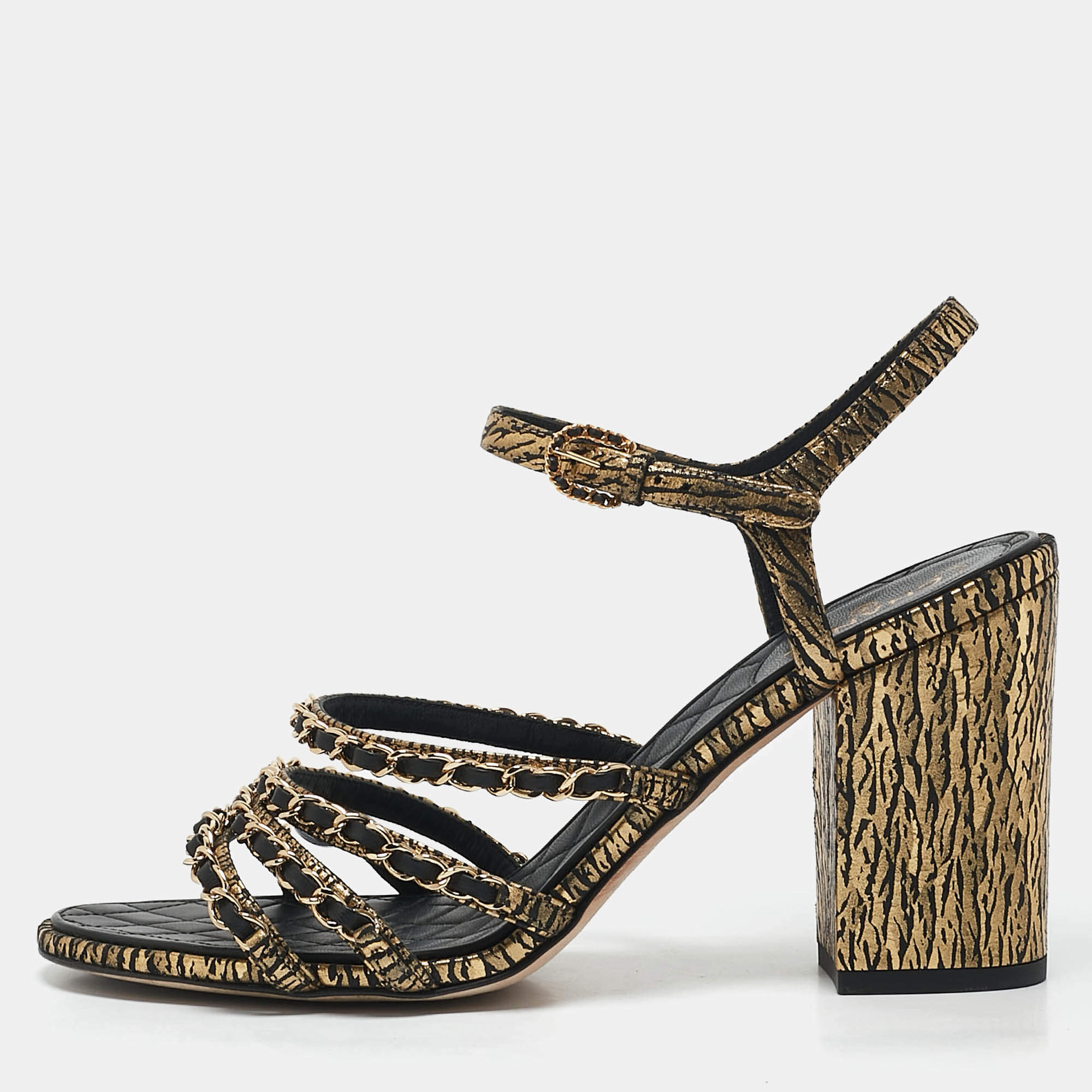 Pre Owned Chanel Gold/Black Leather Chain Detail Ankle Strap Sandals Size 40.5