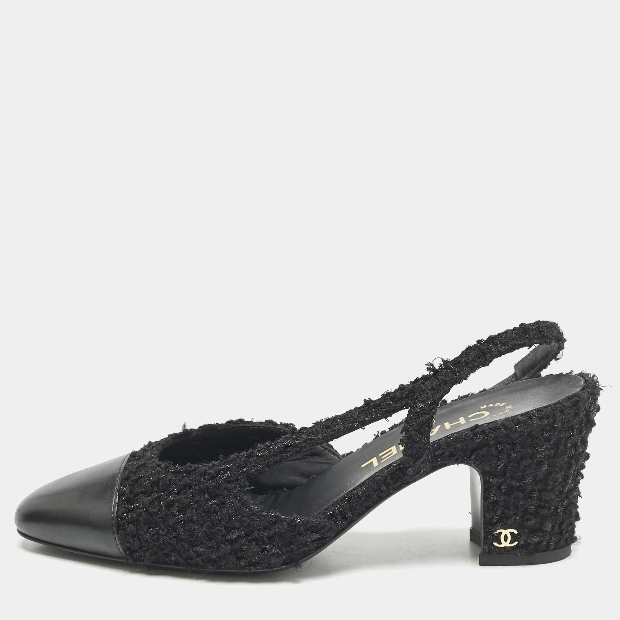 Chanel Black Leather and Tweed CC Cap Toe Slingback Pumps Size 37