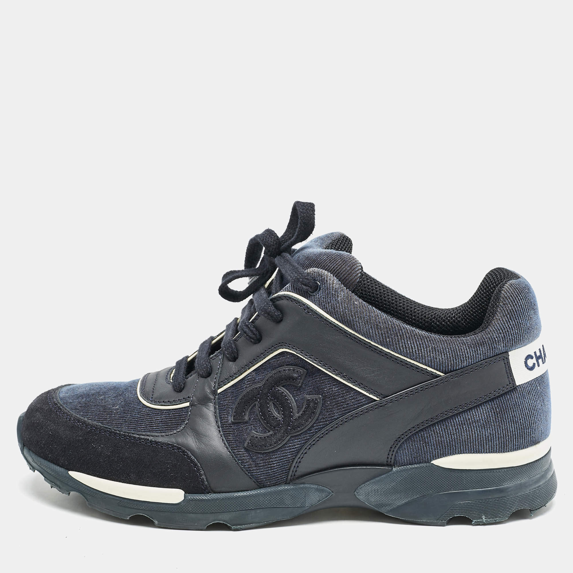 Chanel Navy Blue Leather and Fabric CC Low Top Sneakers Size 40
