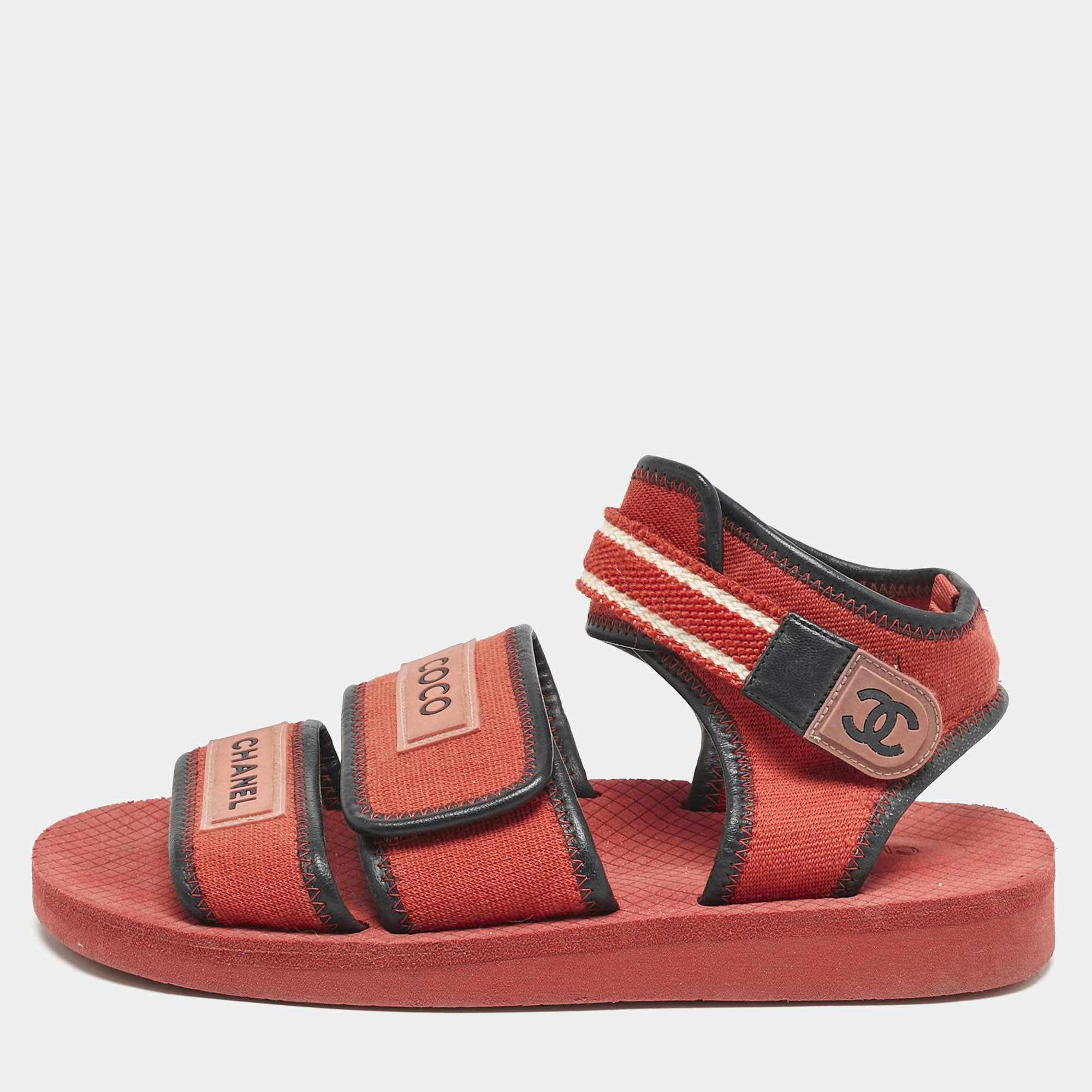 Pre Owned Chanel Red/Black Fabric and Leather Coco Chanel Strap Flat Sandals Size 37