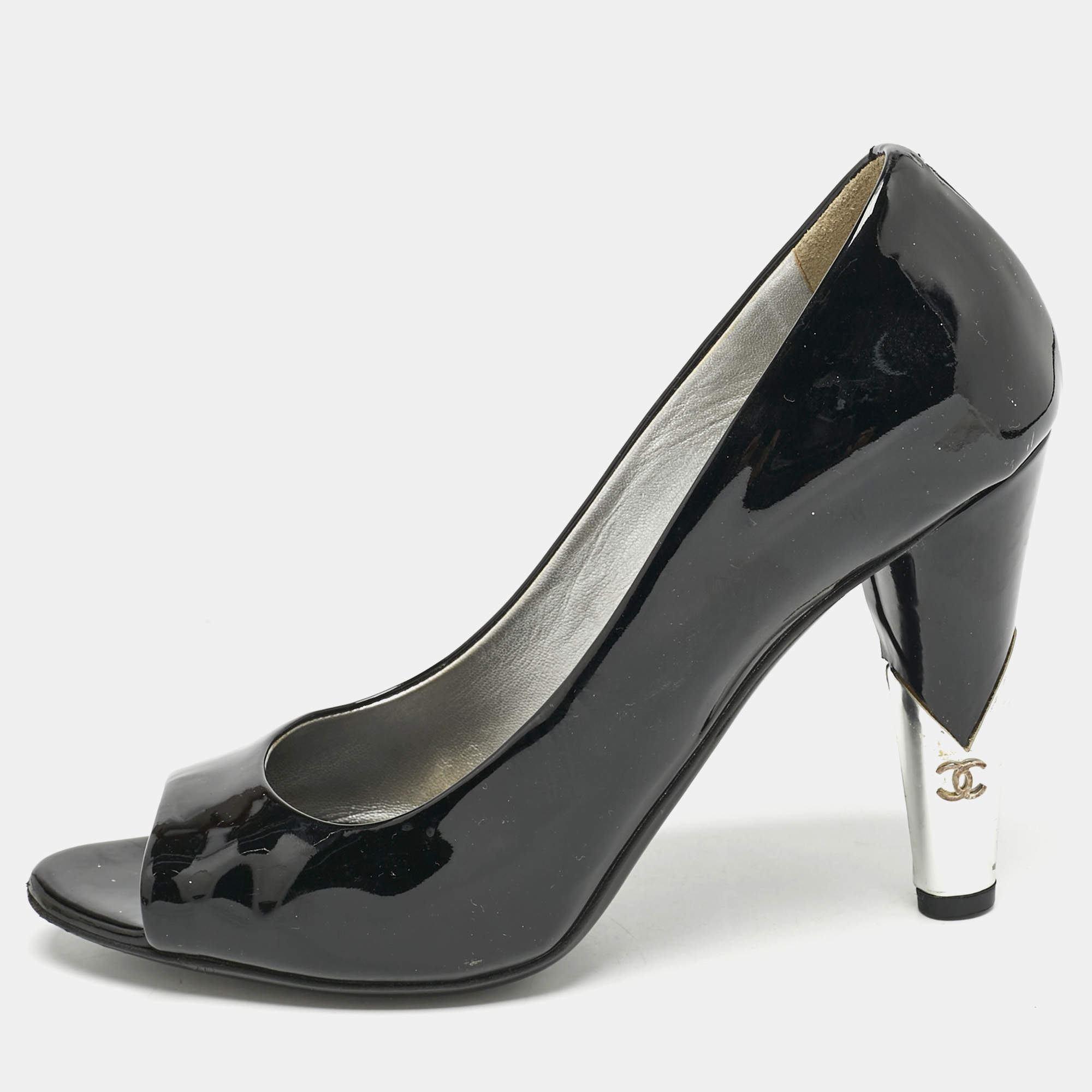 Chanel Black  Patent Leather CC Pearl Embellished Peep Toe Pumps Size 38.5