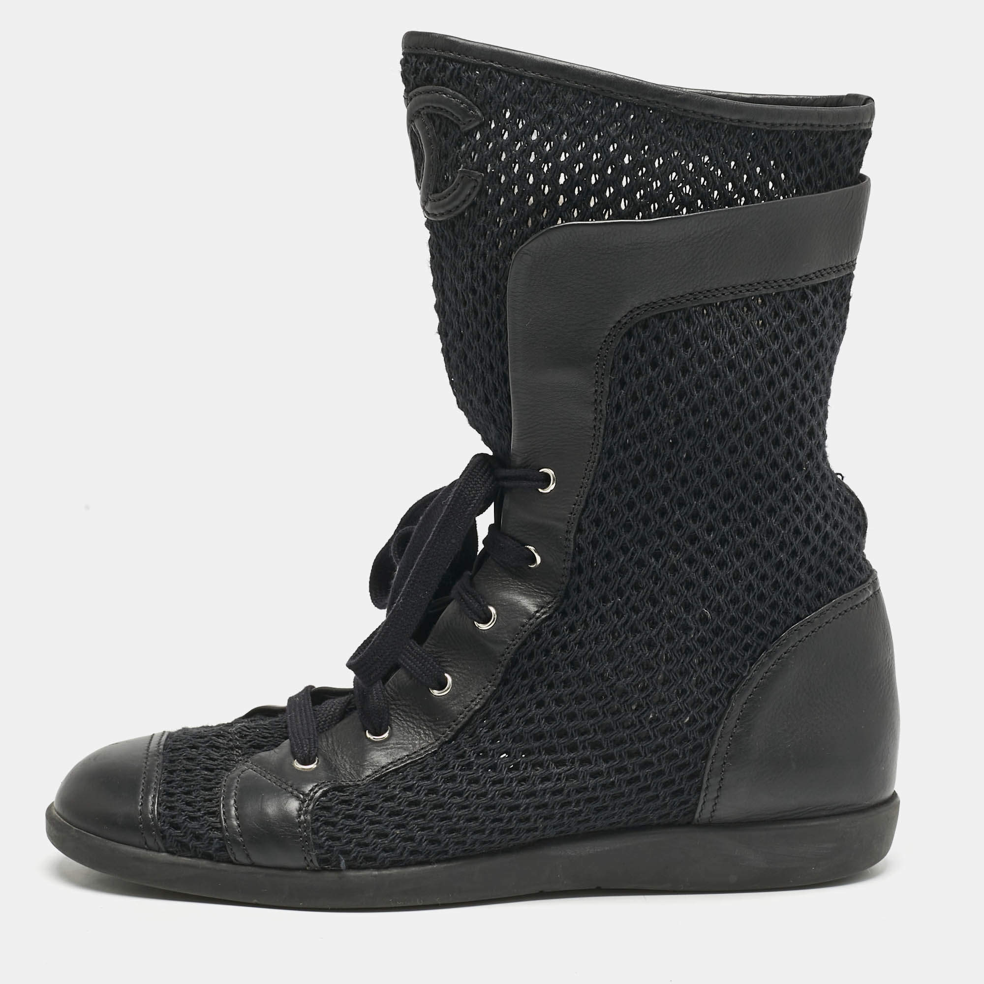 Chanel Black Leather and Mesh Mid Calf Boots Size 39