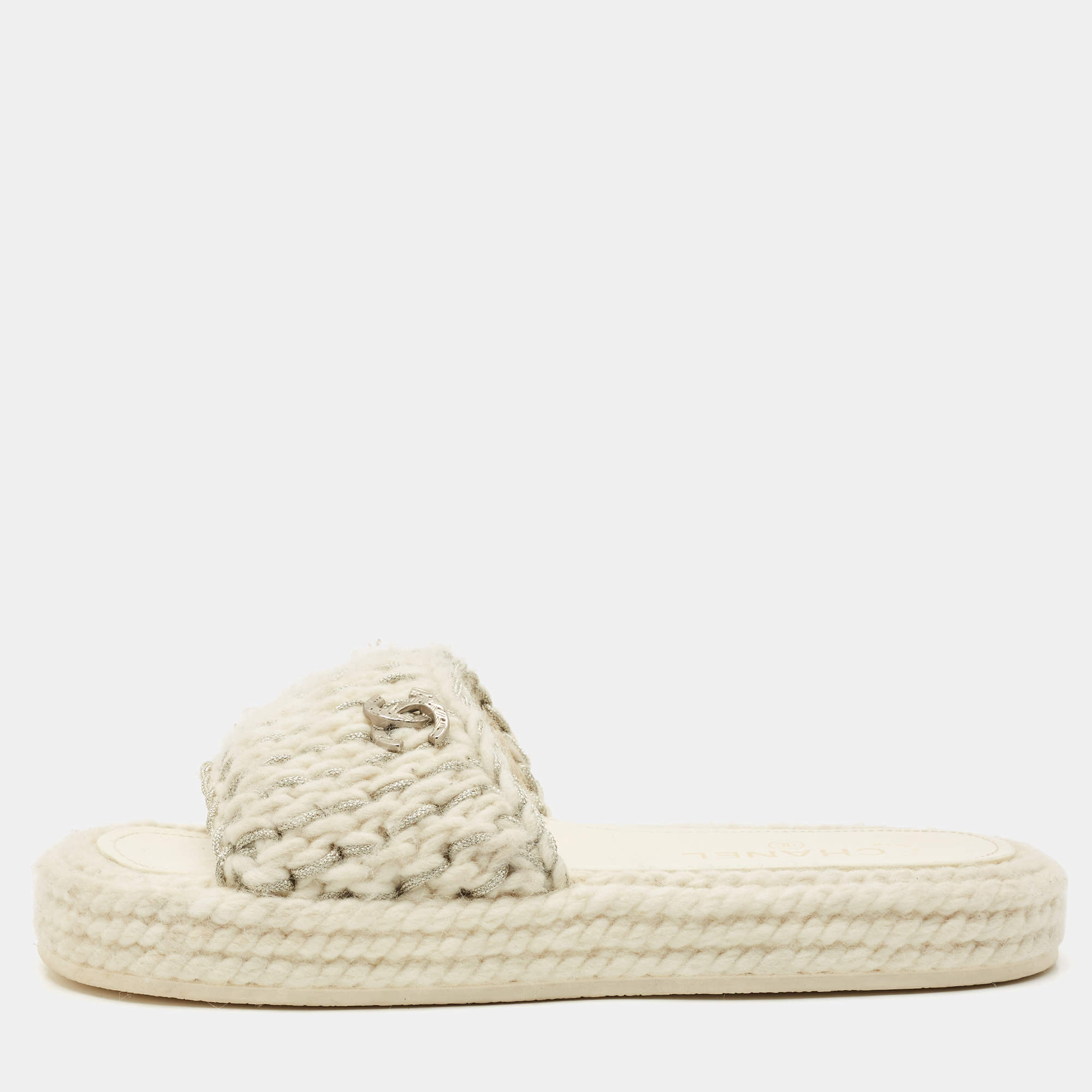 Chanel White/Silver Braided Knit CC Espadrille Flat Slides Size 39