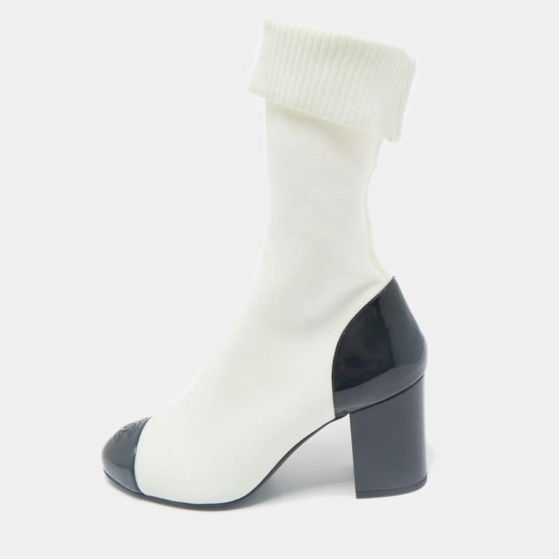 Chanel White/Black Patent Leather and Stretch Fabric CC Sock Ankle Length Boots Size 39.5