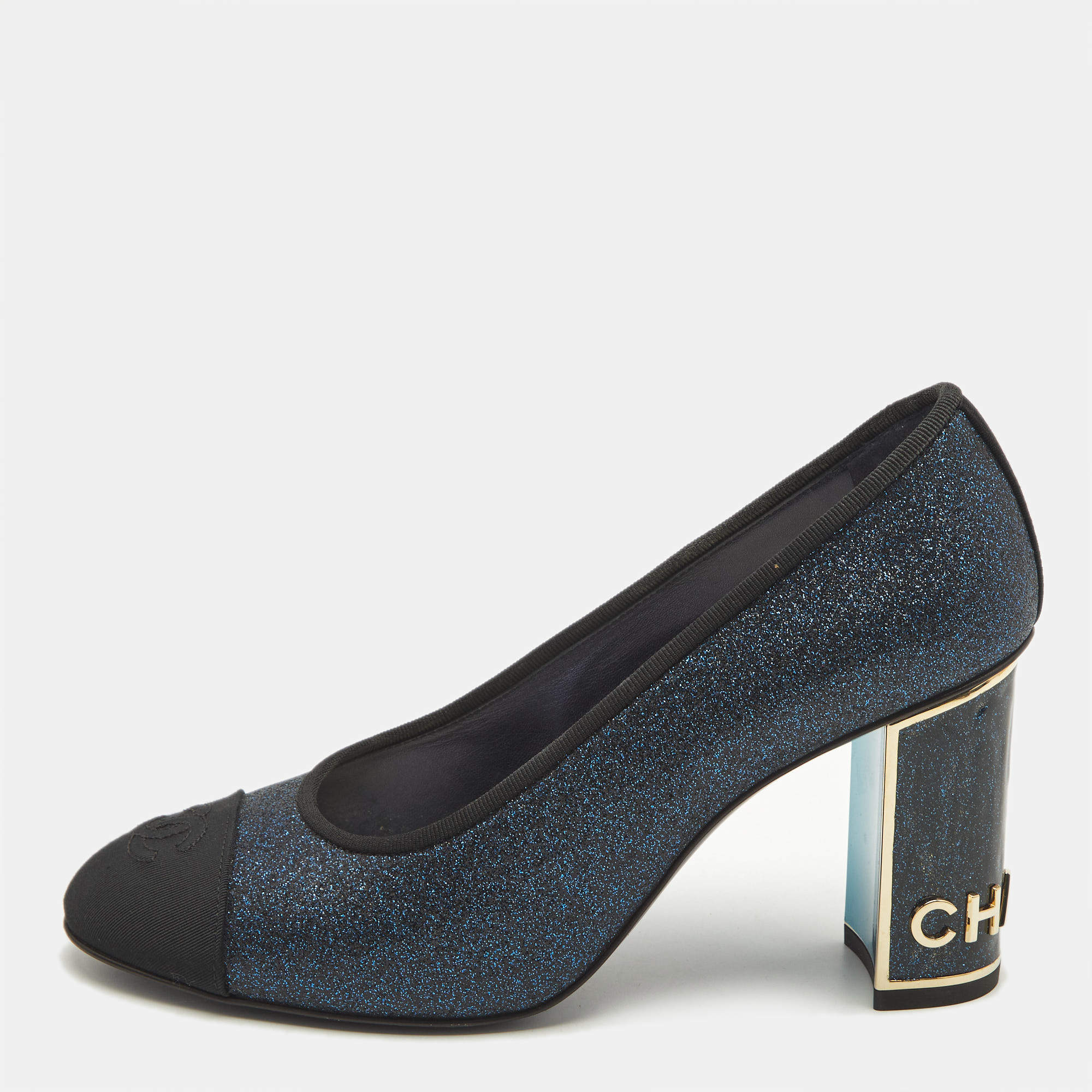 Pre Owned Chanel Navy Blue/Black Canvas and Glitter CC Cap Toe Block Heel Pumps Size 37.5