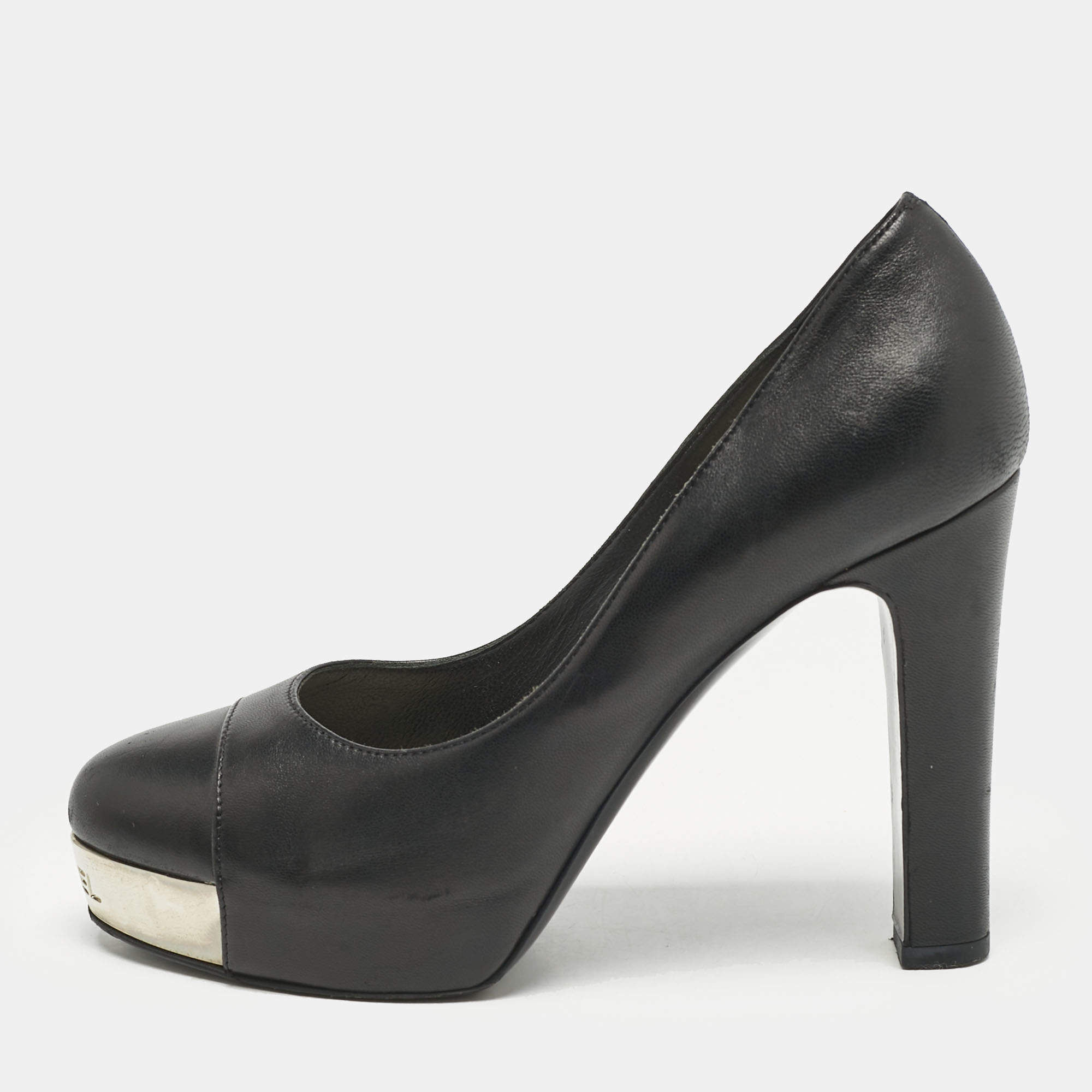 Chanel Black Leather CC Cap Toe Platform Pumps Size 37