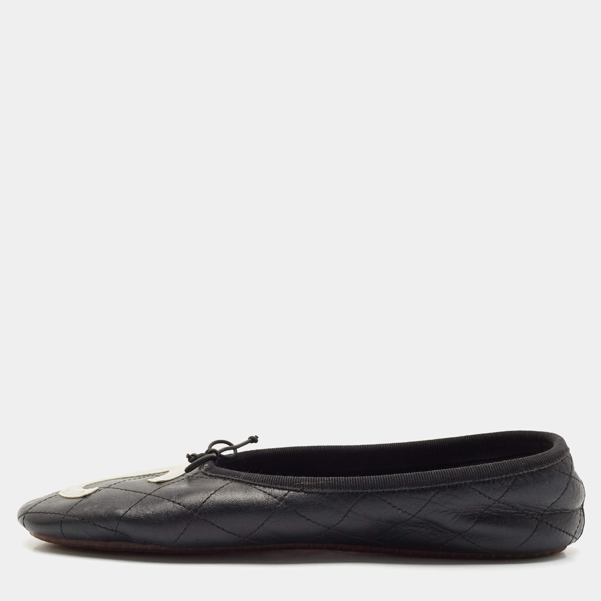 Pre Owned Chanel Black Leather Cambon Ballet Flats Size 38