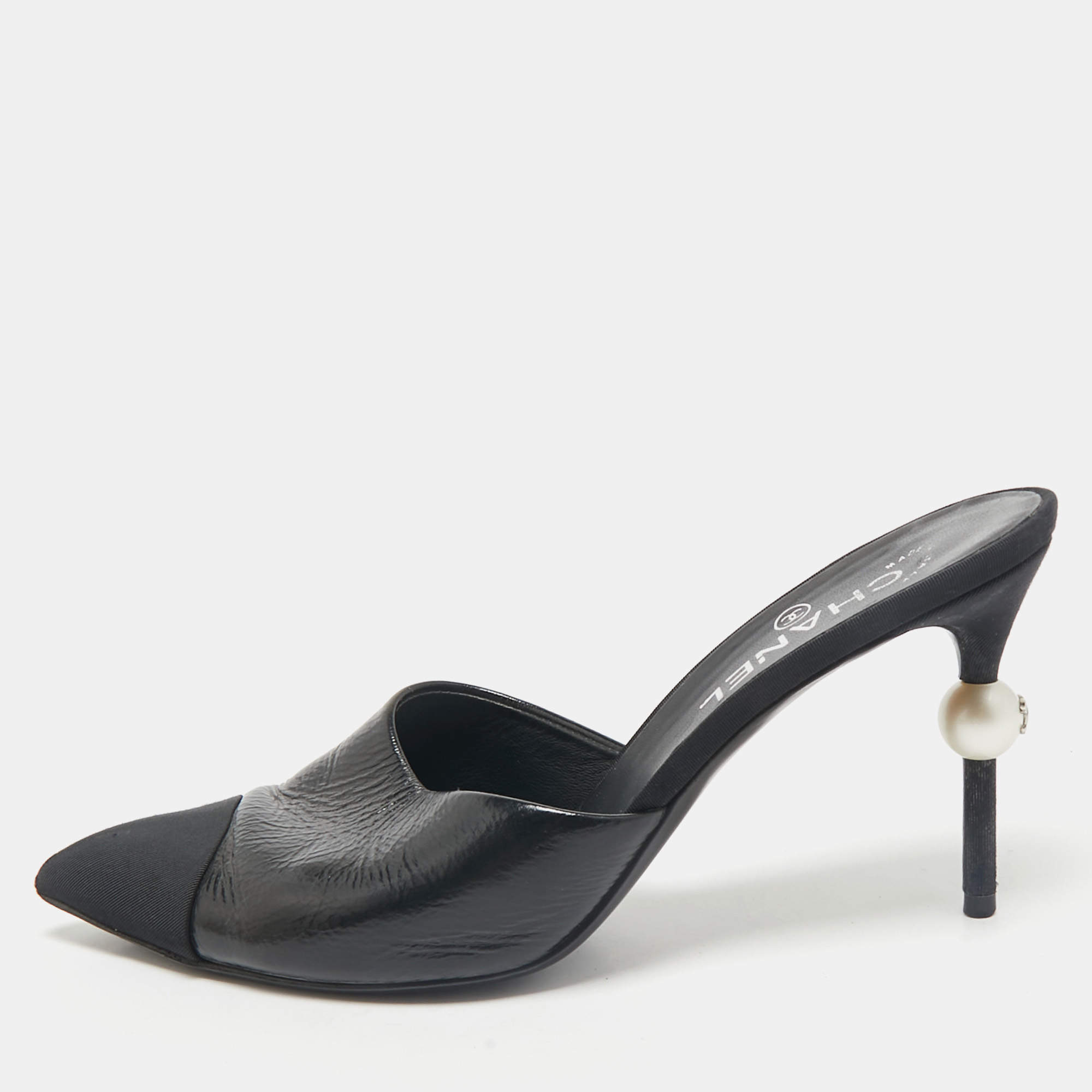 Chanel Black Canvas and Leather CC Peal Heel Mules Size 40