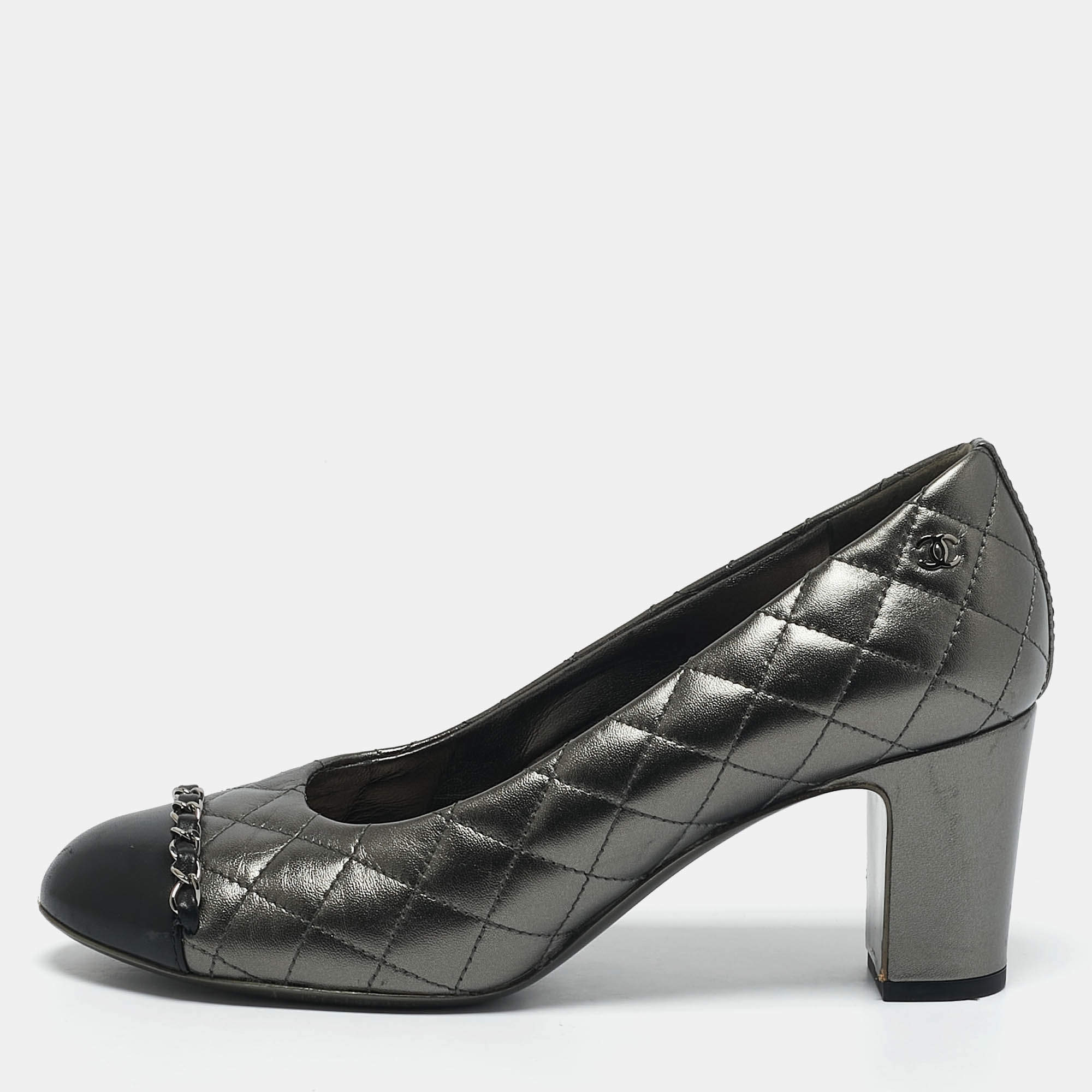 Chanel Metallic/Black Leather Block Heel Pumps Size 38.5