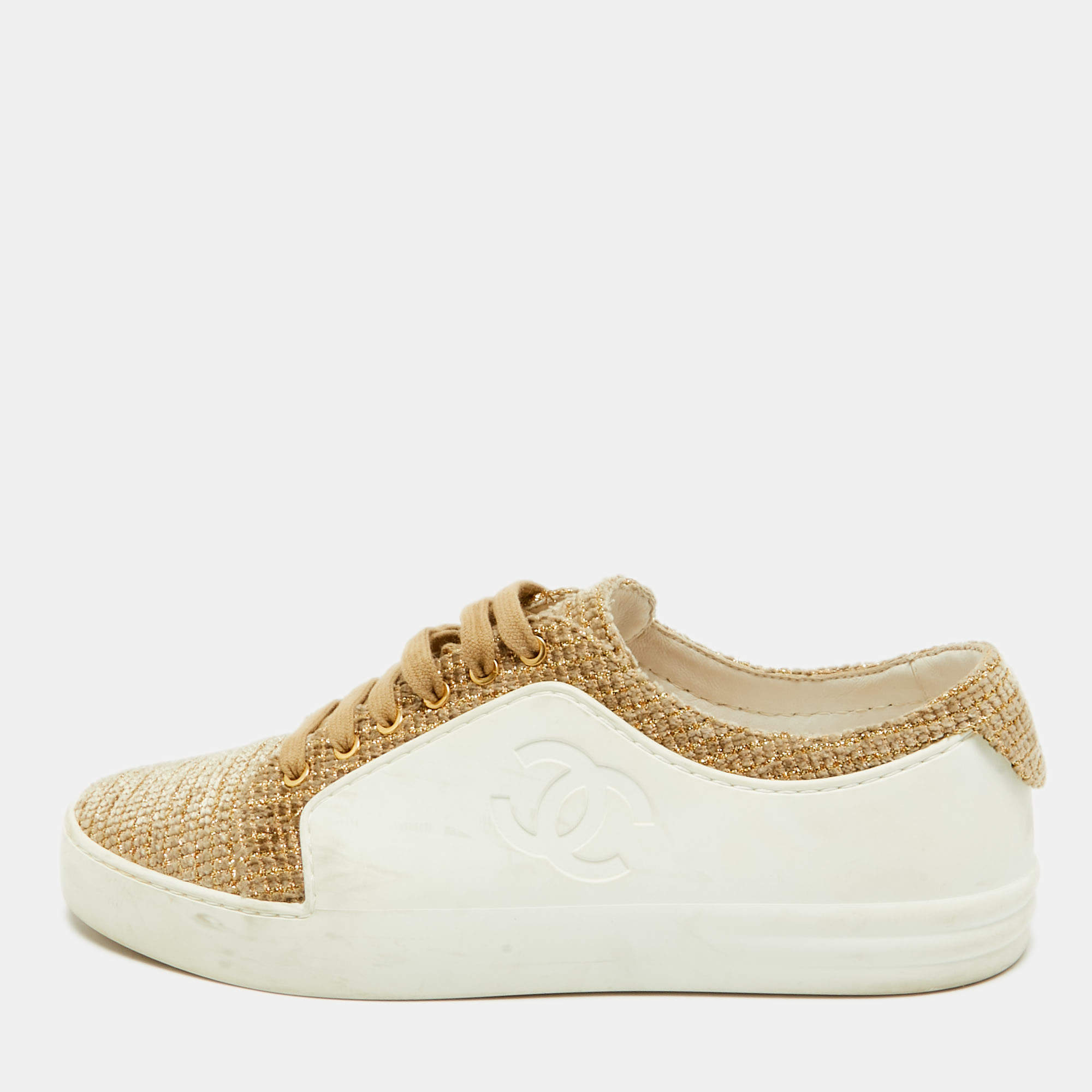 Chanel White/Gold Rubber And Tweed Fantasy Sneakers Size 39