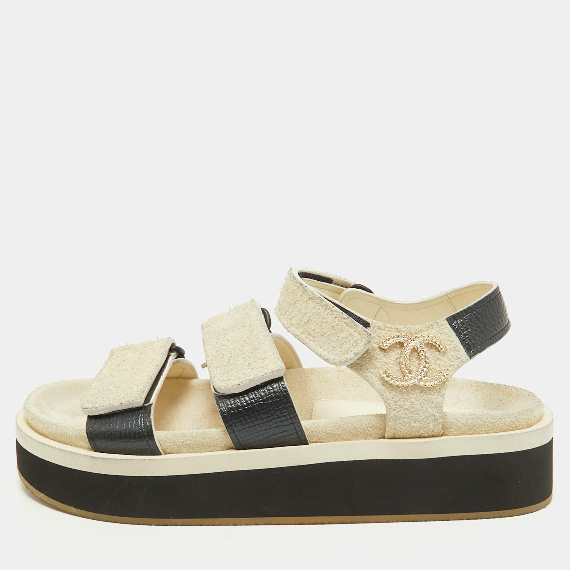Chanel Black/Off White Leather and Suede Dad Flat Sandals Size 36