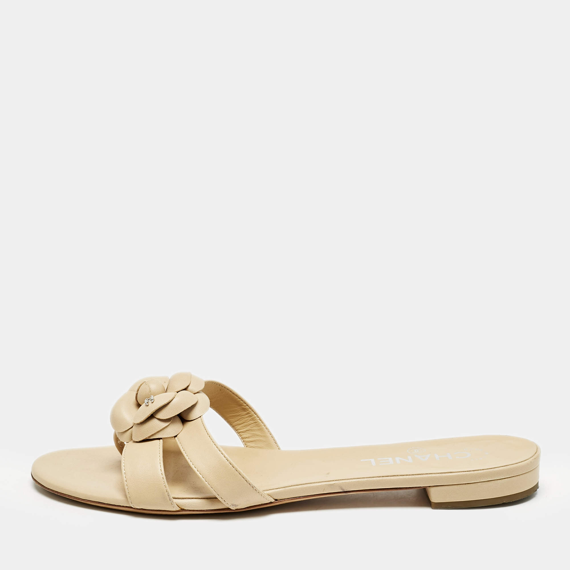 Chanel Beige Leather Camellia Flat Slides Size 40