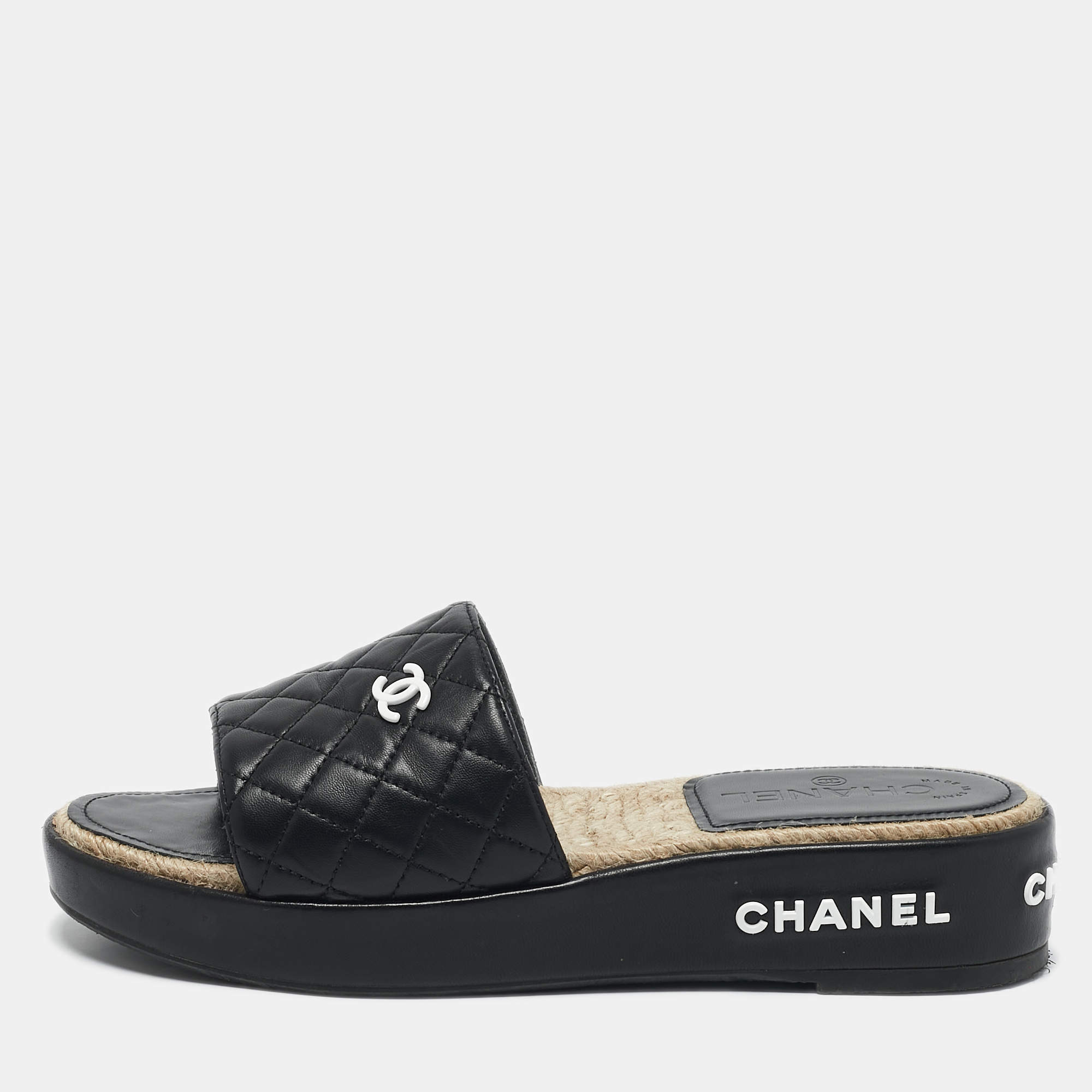Chanel Black Quilted Leather CC Espadrille Platform Slide Sandals Size 40
