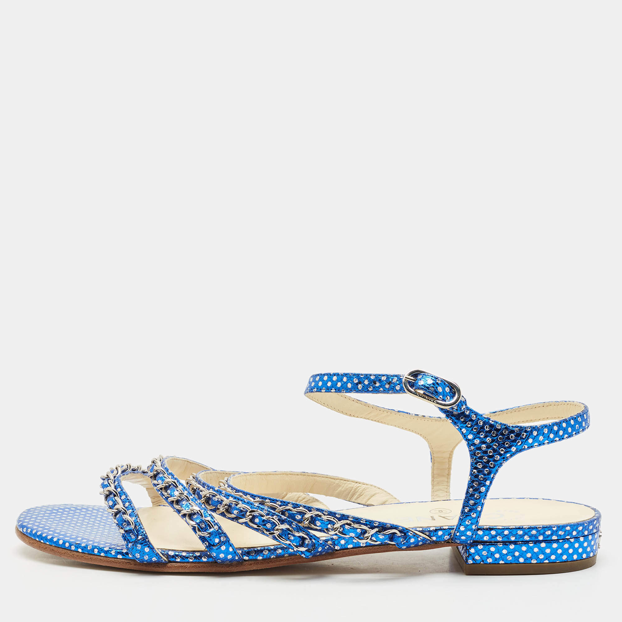Chanel Metallic Blue Leather Chain Detail Strappy Sandals Size 39.5