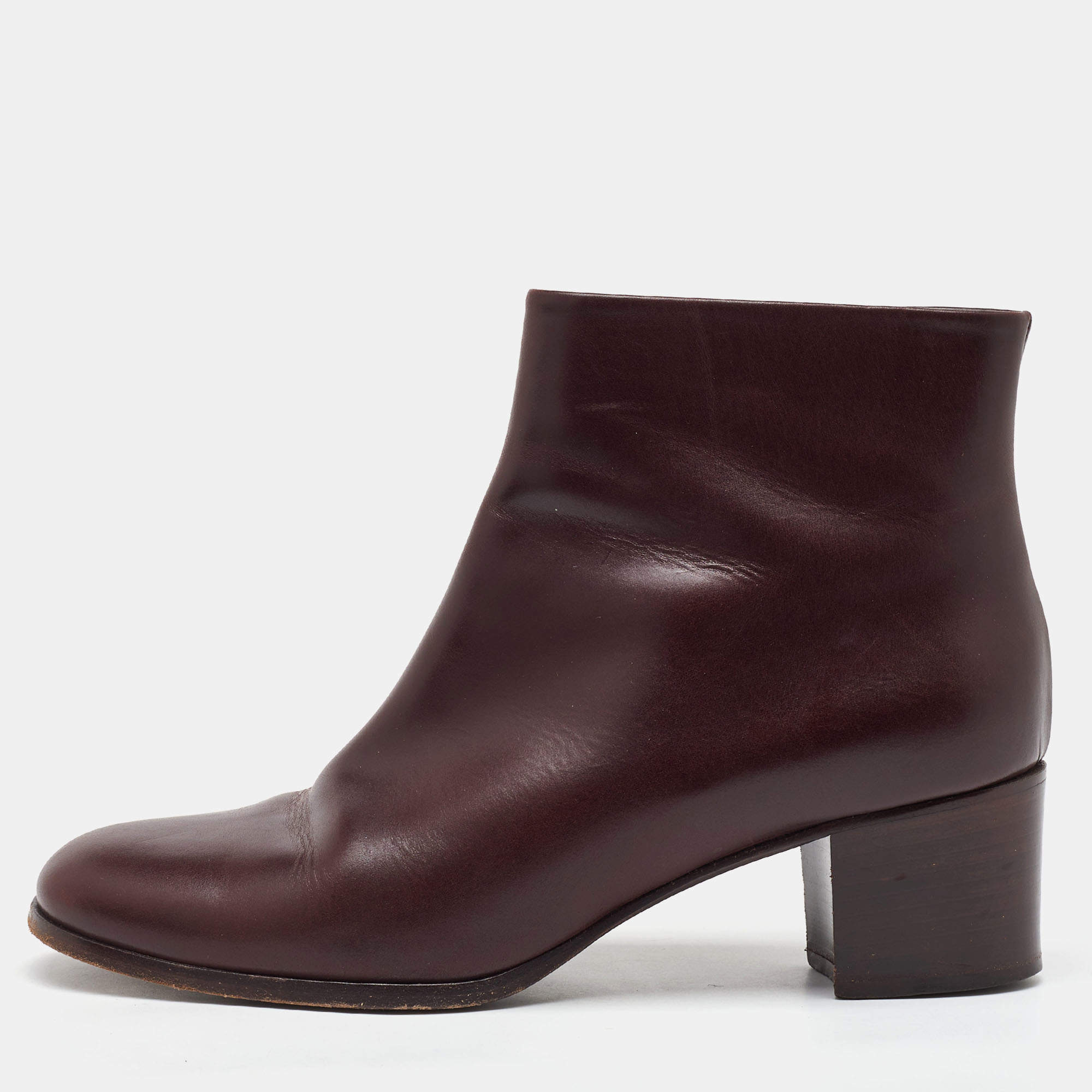 Chanel Burgundy Leather CC Block Heel Ankle Length Boots Size 41