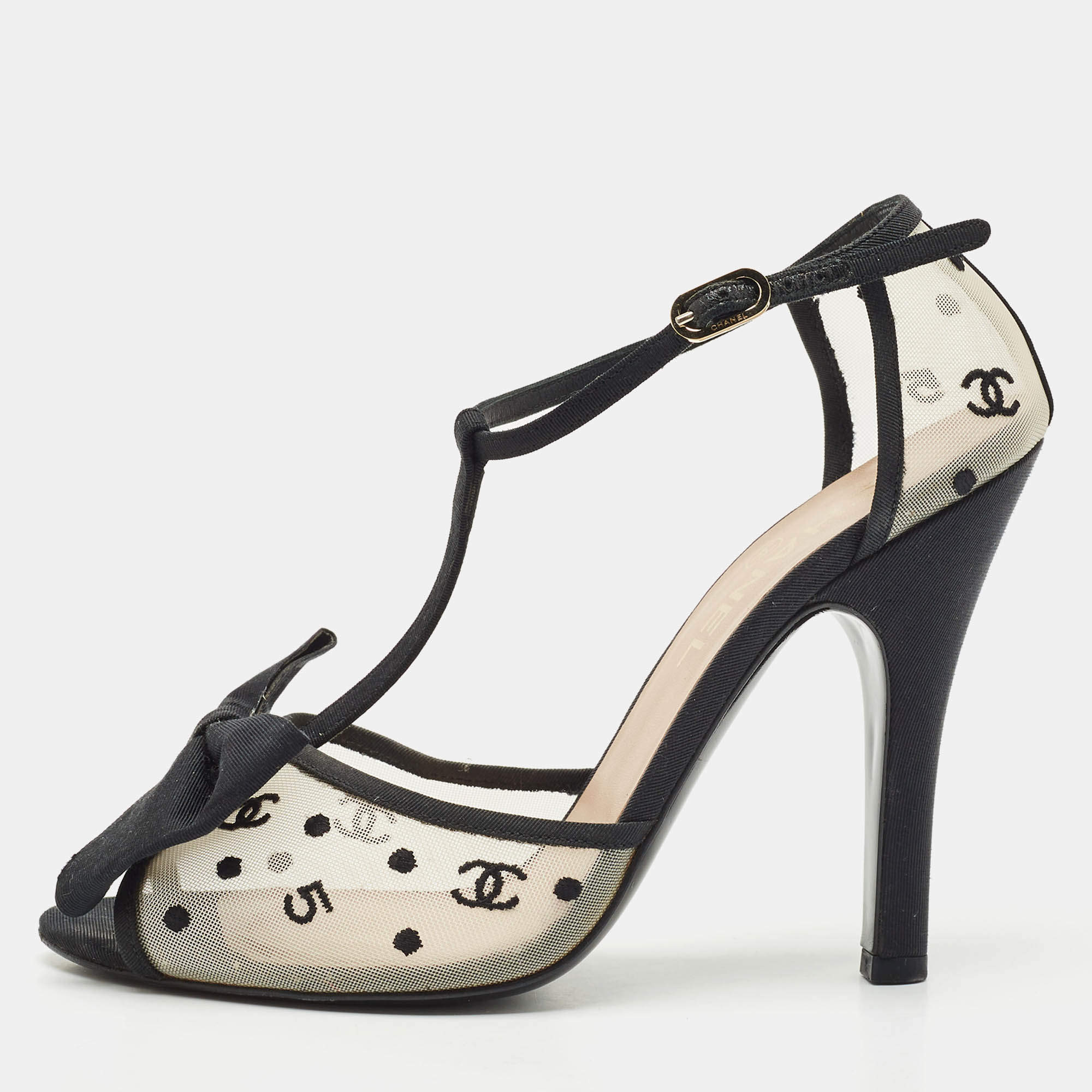 Chanel Beige/Black Mesh and Grosgrain Bow Ankle Strap Sandals Size 38.5