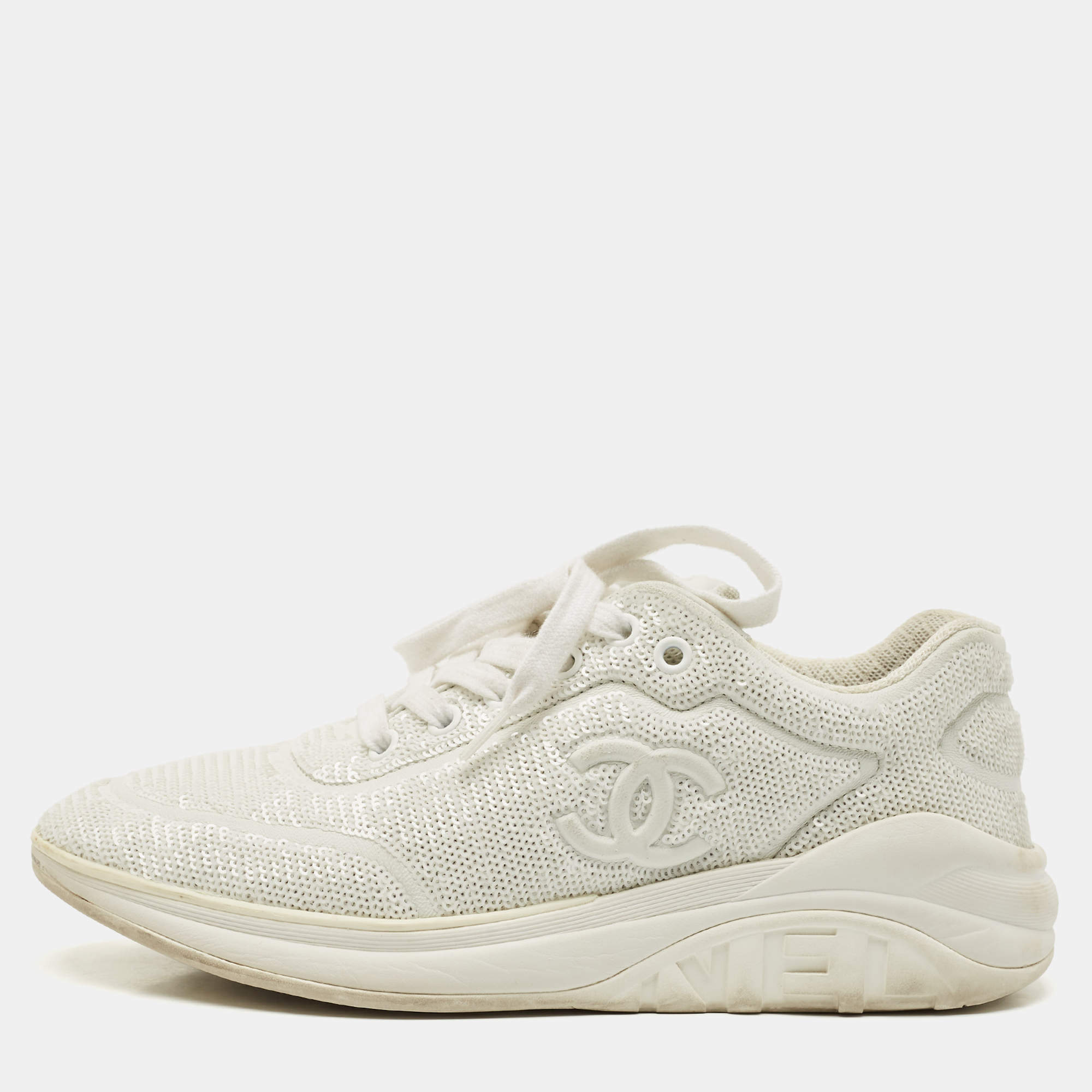Chanel White Sequin and Leather CC Low Top Sneakers Size 38.5