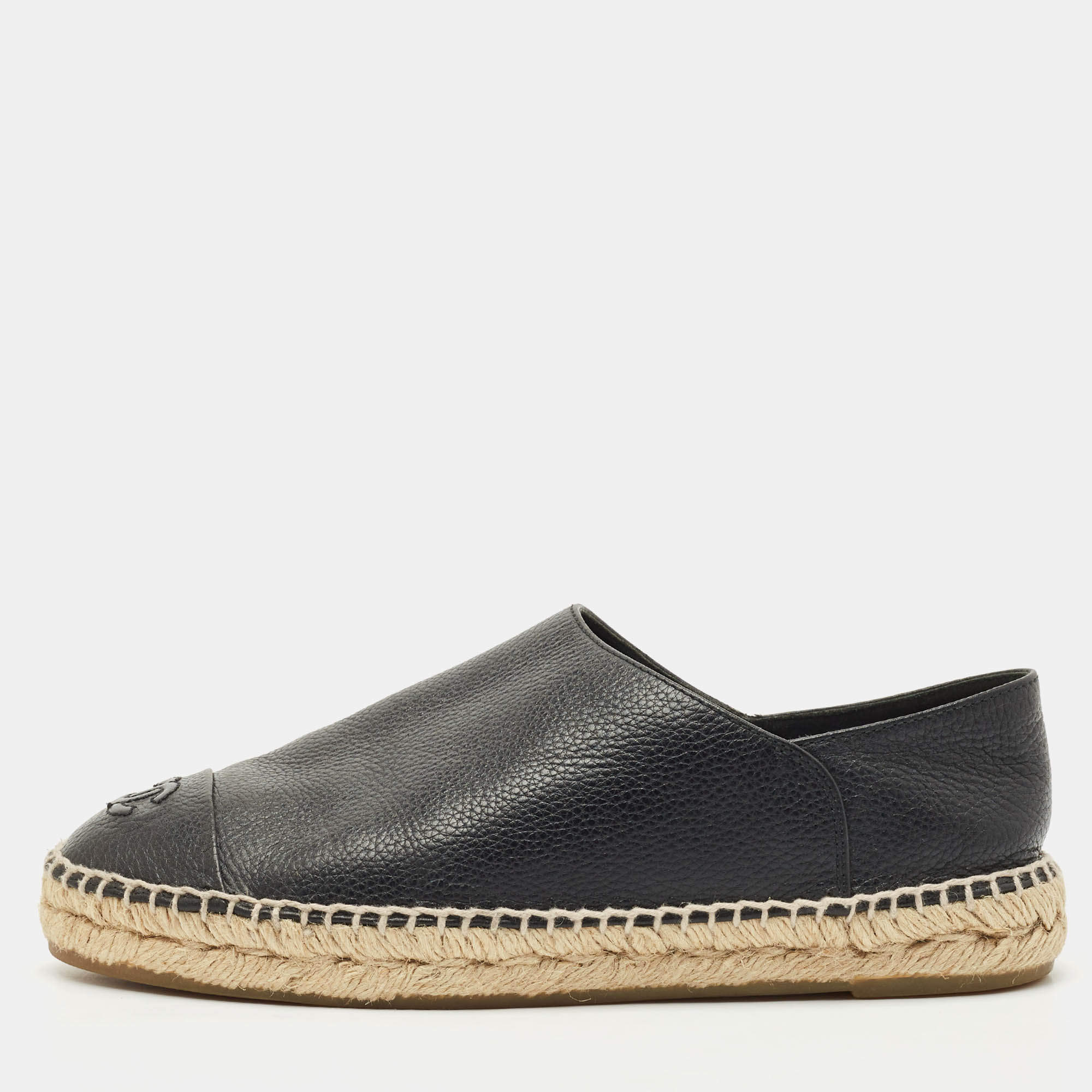 Chanel Black Leather CC Cap Toe Espadrille Flats Size 39