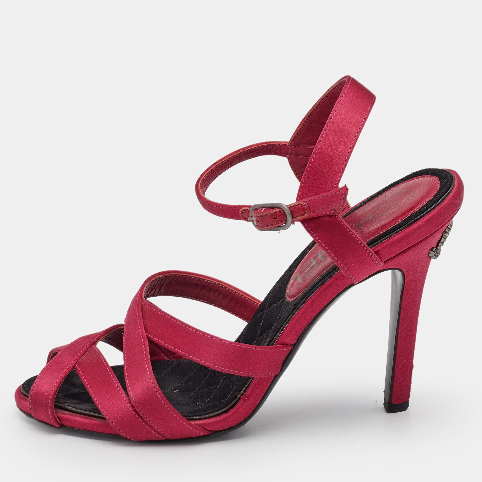 Chanel Pink Satin CC Ankle Strap Sandals Size 35