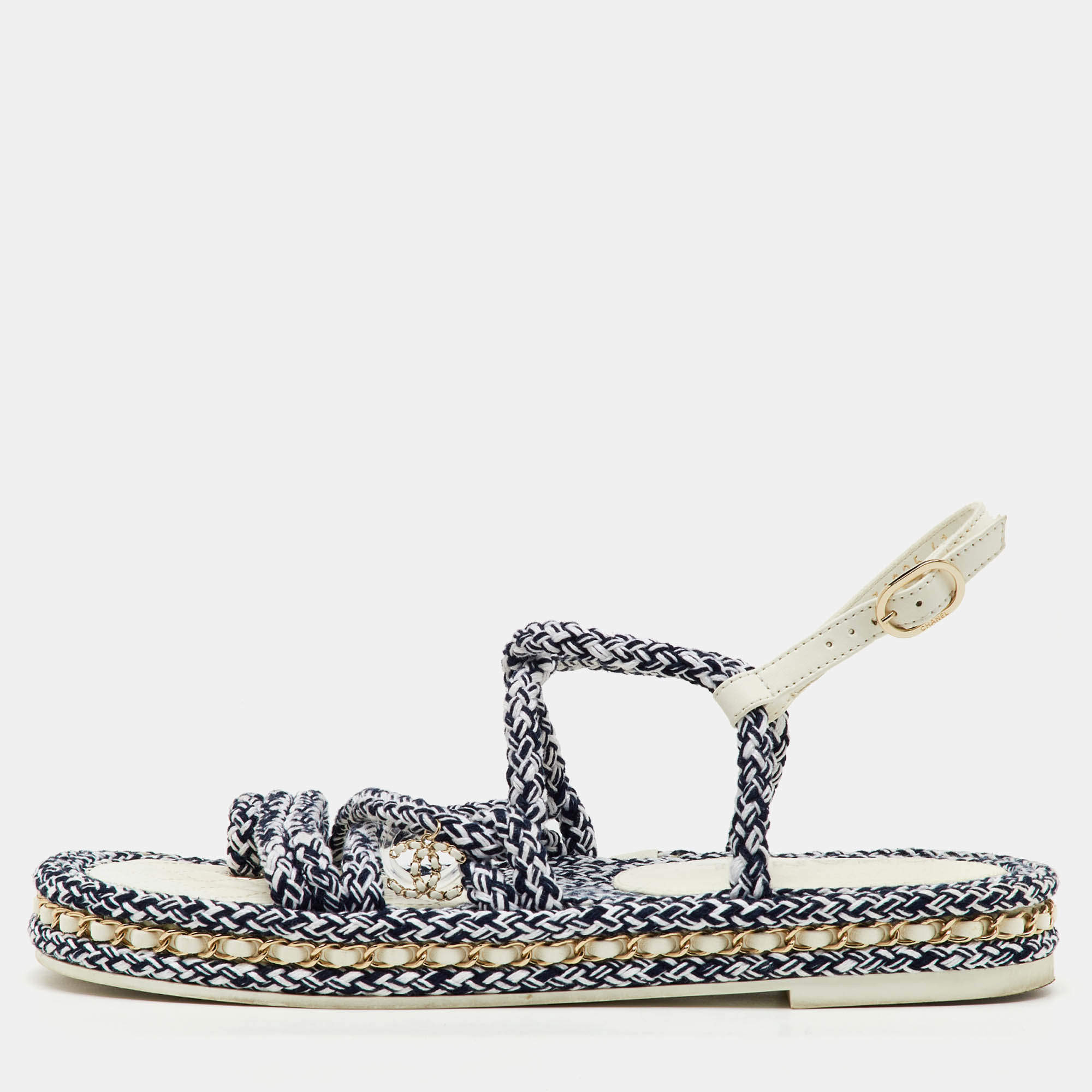 Chanel White/Black Rope and Leather CC Ankle Strap Sandals Size 41