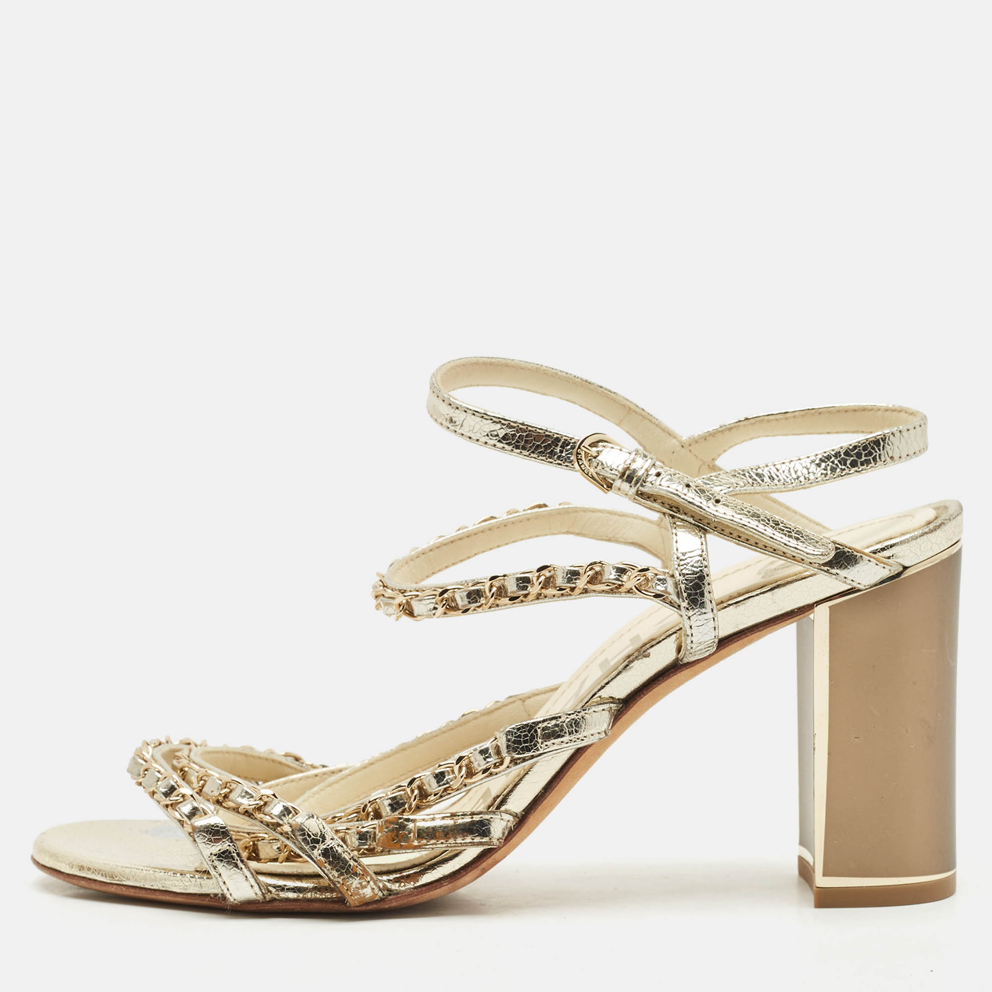 Chanel Gold Leather Chain Embellished Ankle Strap Sandals Size 39.5