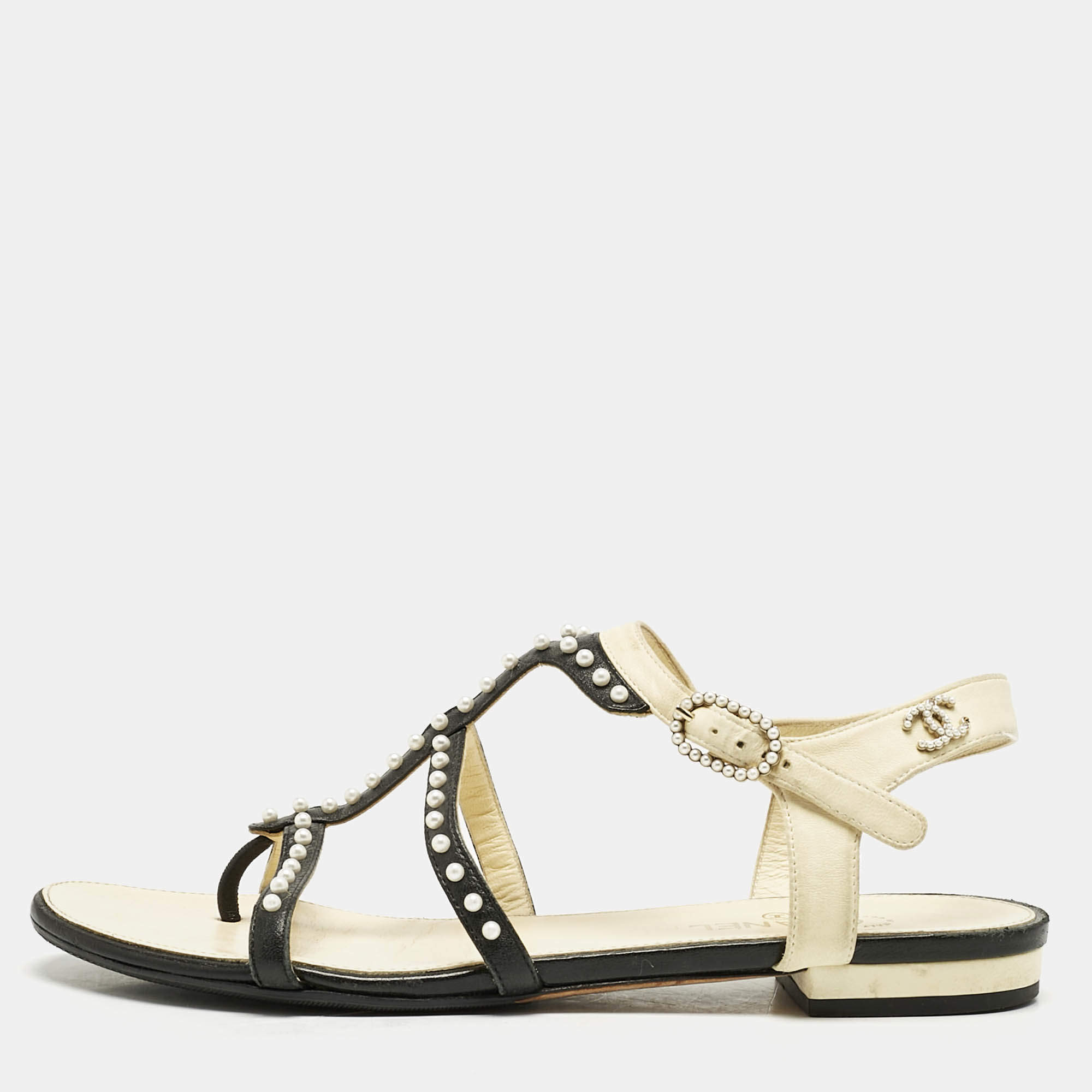 Chanel Black/Beige Leather Faux Pearl Embellished Flat Sandals Size 36