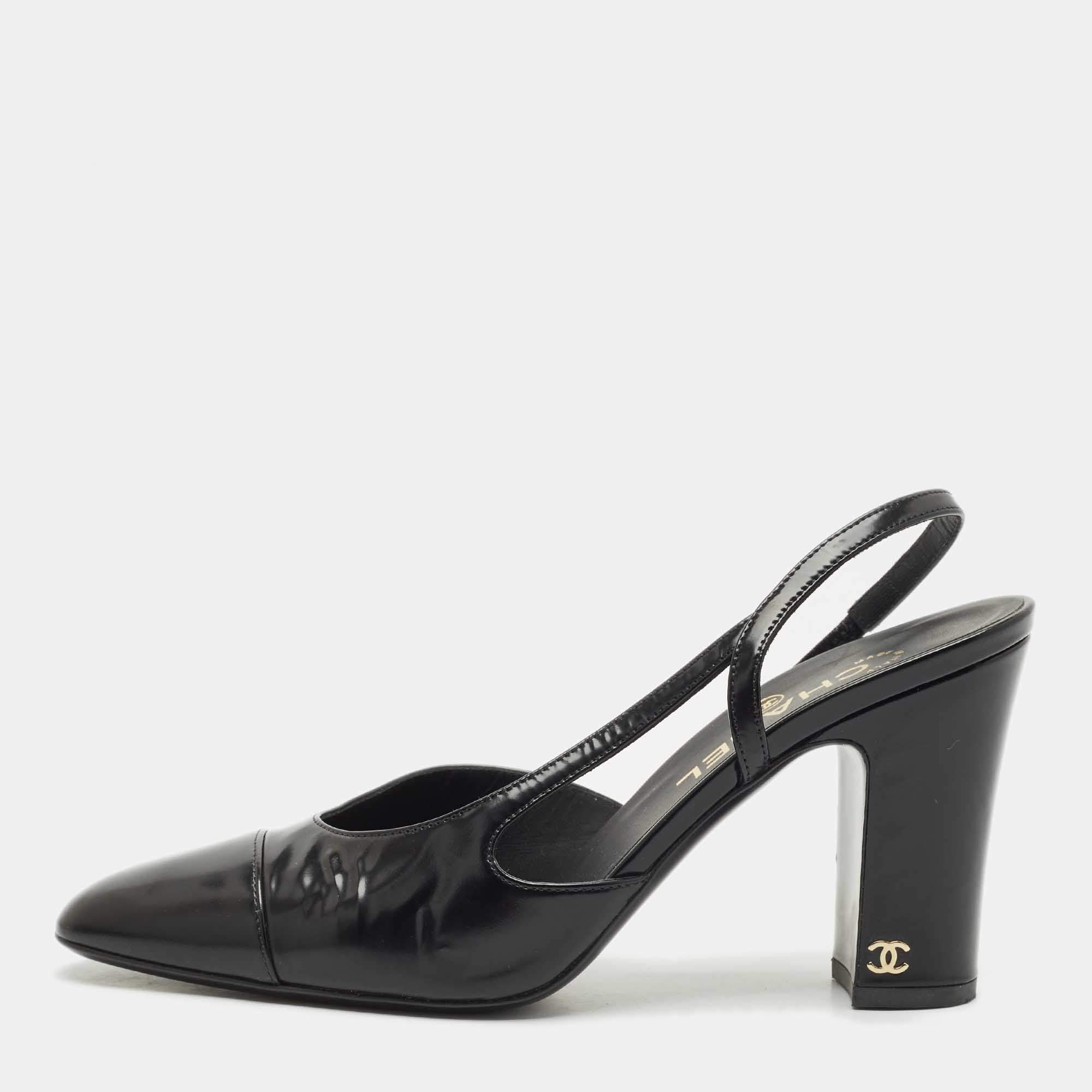 Pre Owned Chanel Black Leather CC Block Heel Slingback Pumps Size 39.5