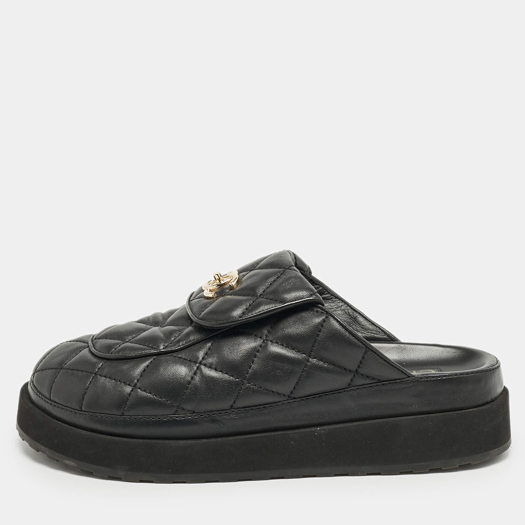 Chanel Black Quilted Leather CC Turnlock Platform Mules Size 39