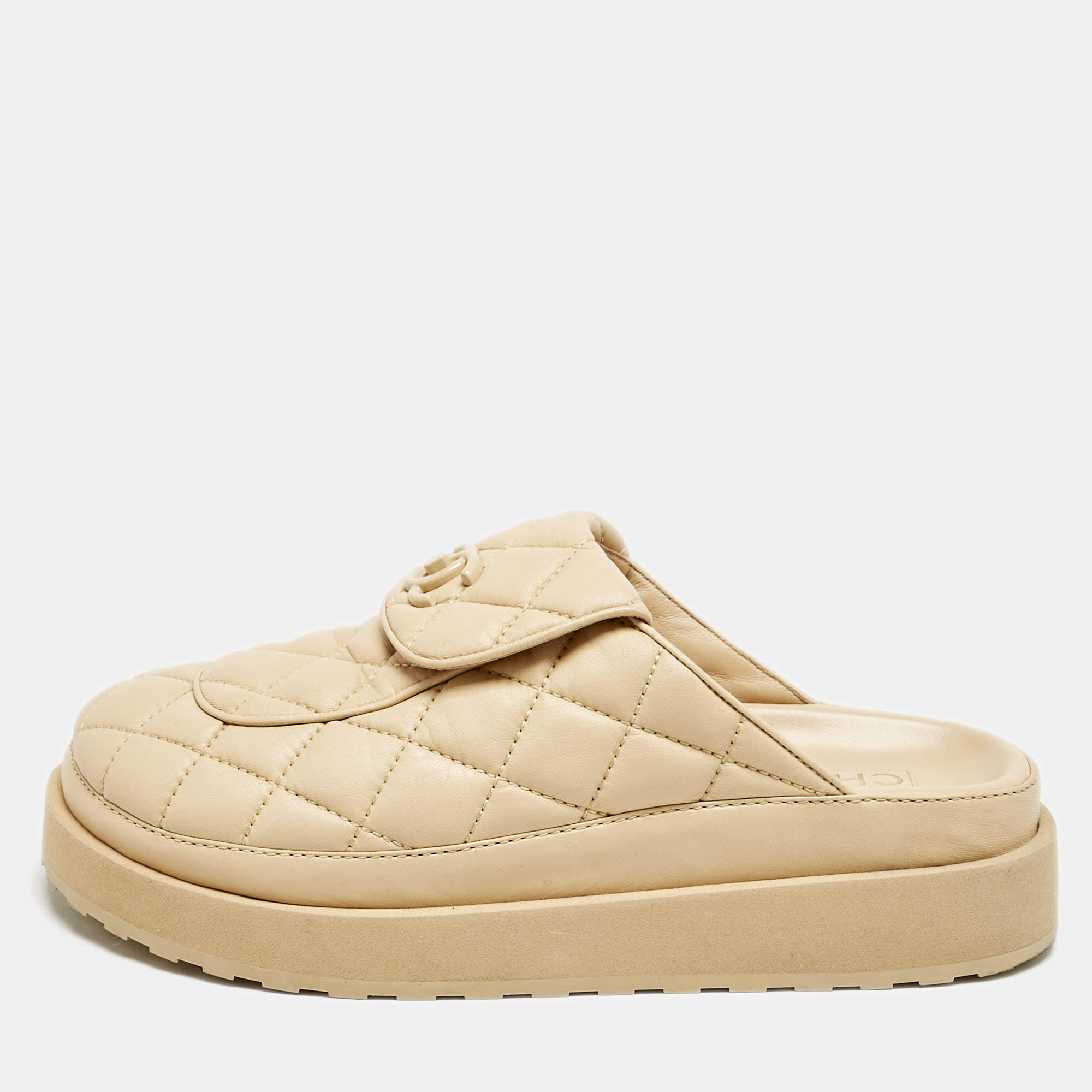 Chanel Beige Quilted Leather CC Turnlock Platform Mules Size 39