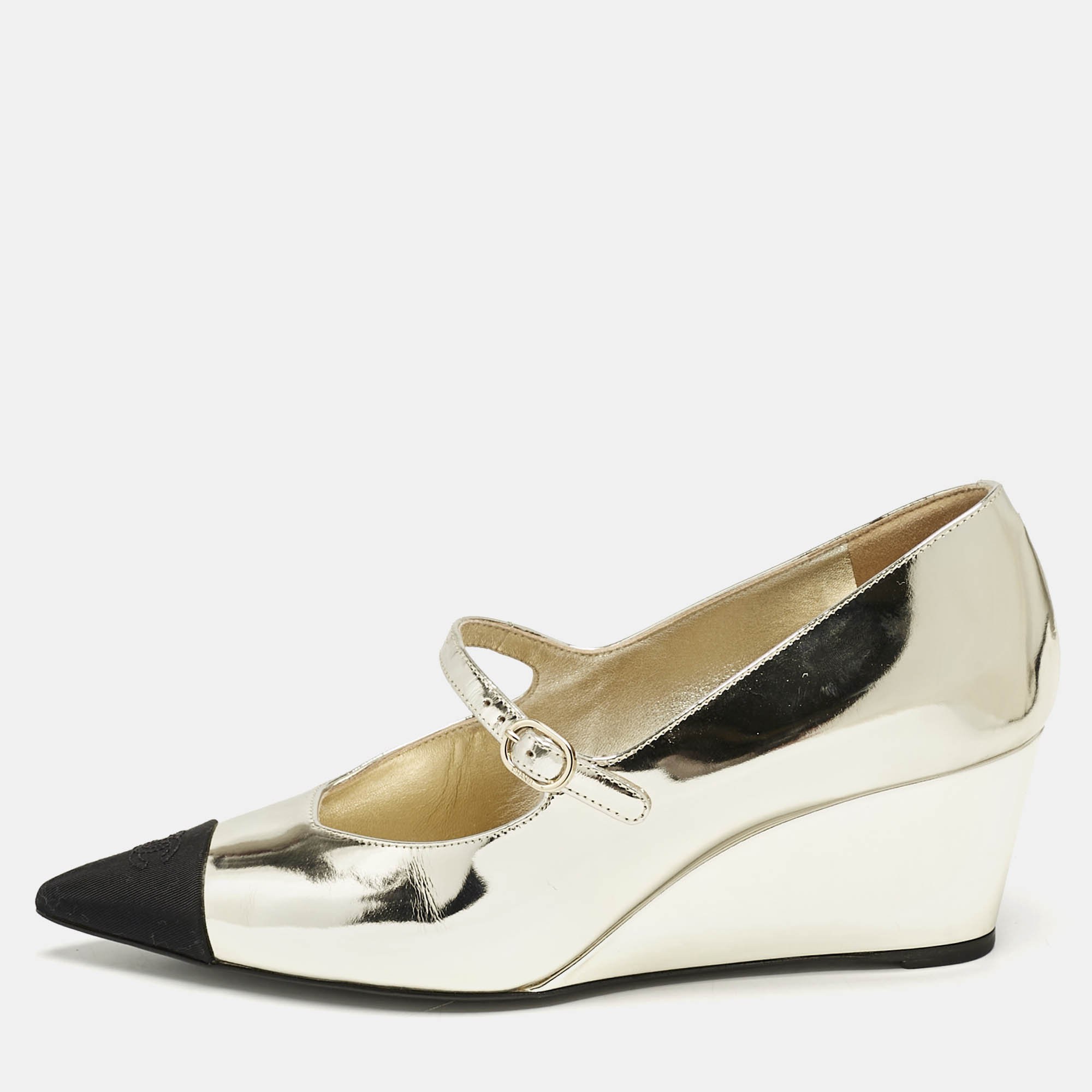 Chanel Gold/Black Canvas and Leather Mary Jane Wedge Pumps Size 39