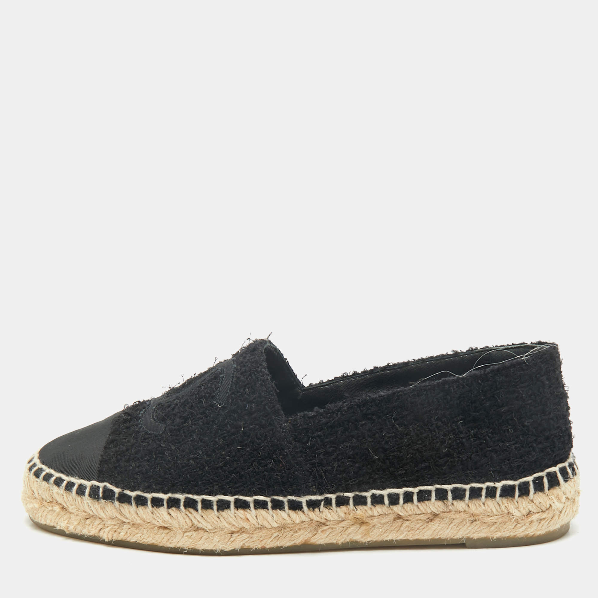 Chanel Black Tweed and Fabric CC Cap Toe Espadrille Flats Size 36