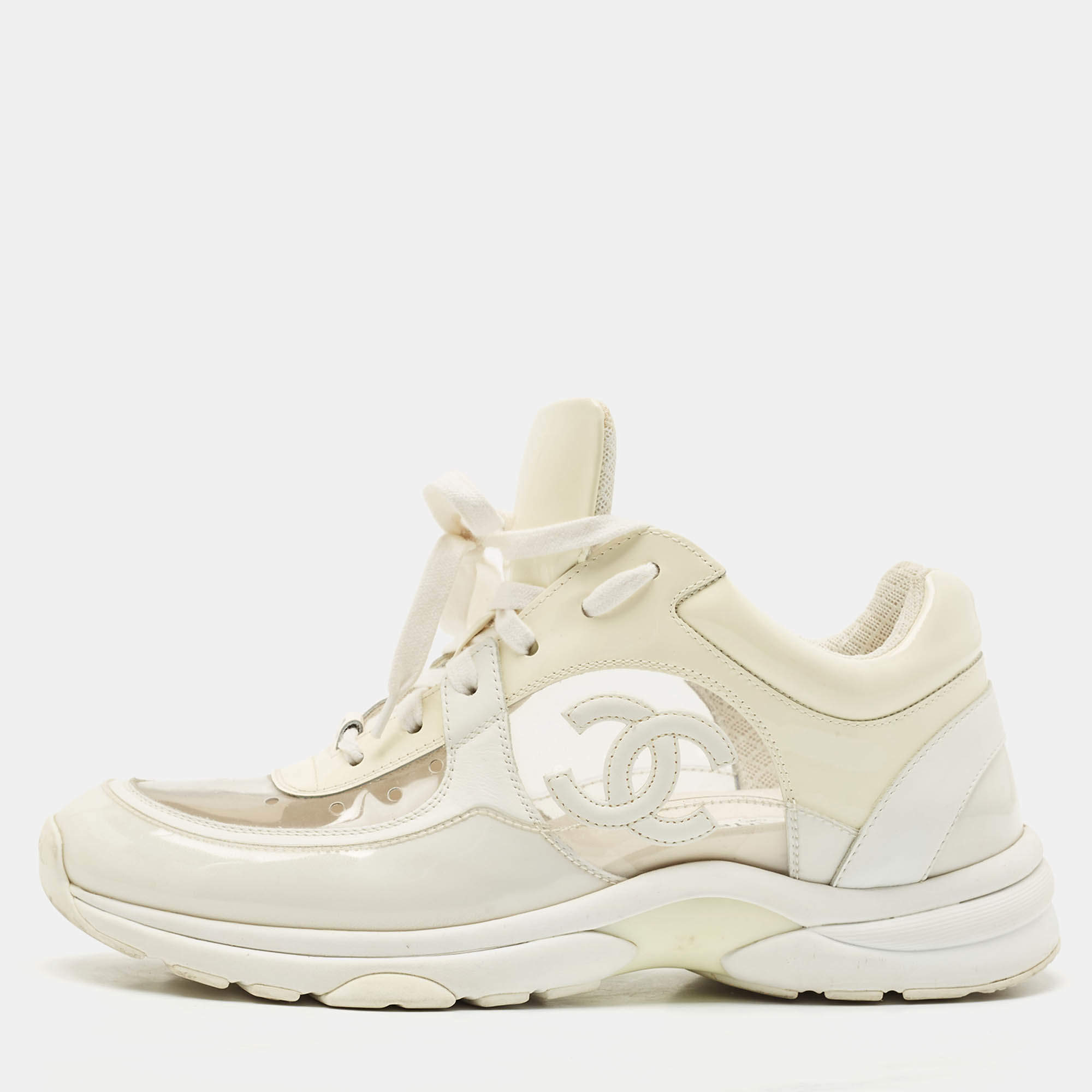 Chanel Grey/Cream Leather and PVC CC Low Top Sneakers Size 41