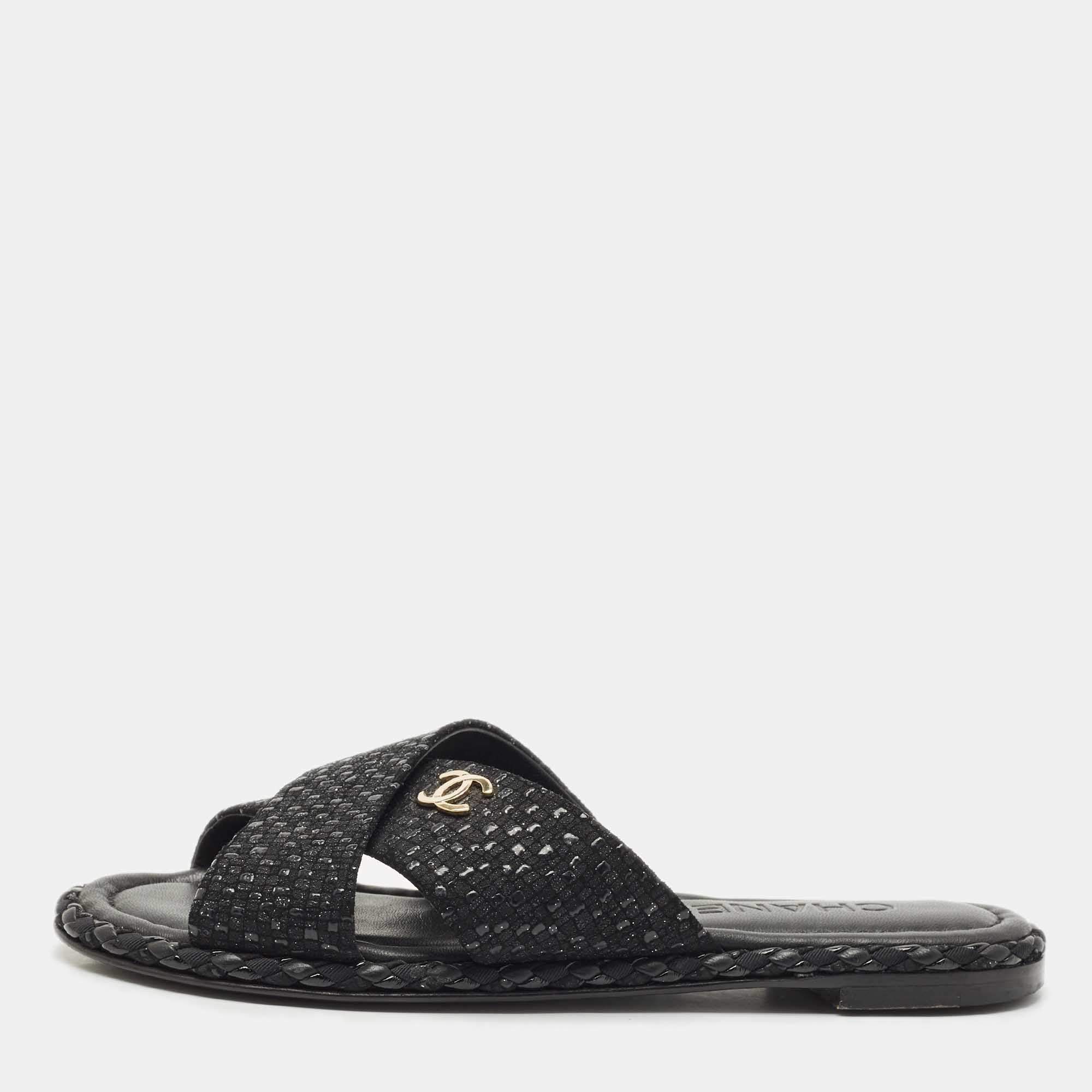 Chanel Black Glitter Fabric Crisscross CC Flat Slide Flats Size 35