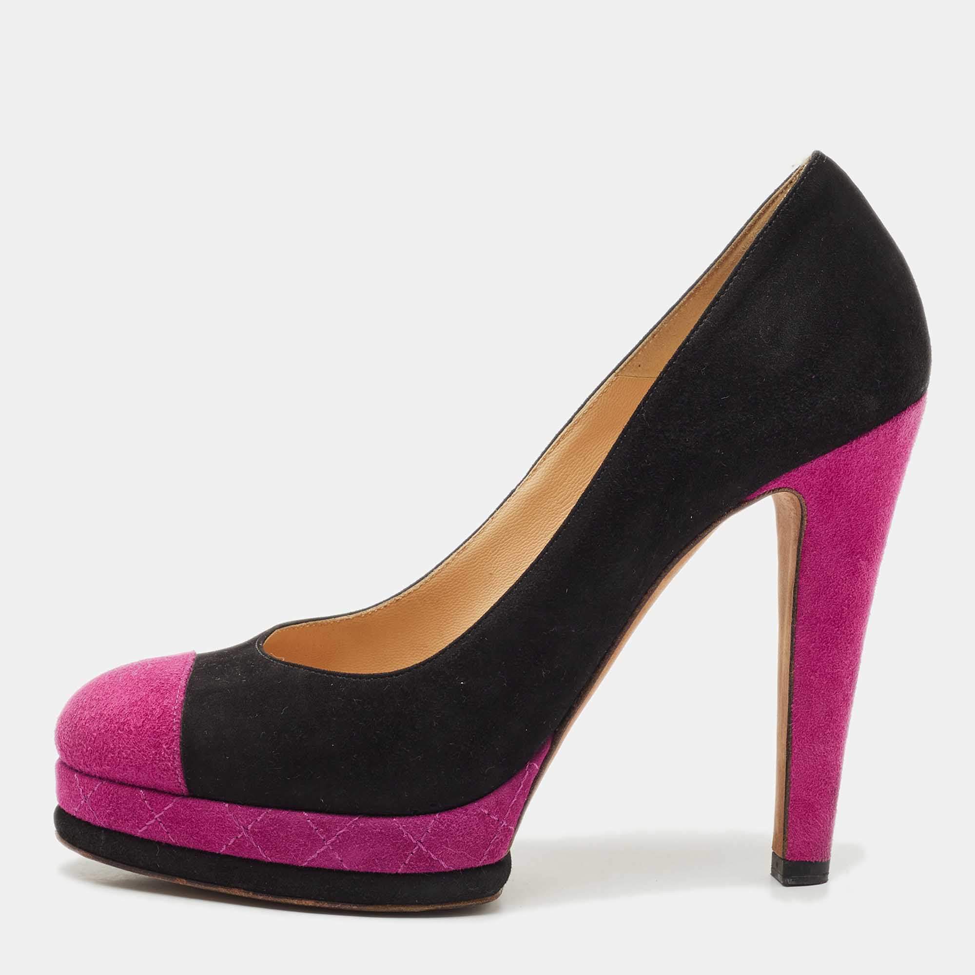 Chanel Black/Pink Suede CC Cap Toe Platform Pumps Size 38.5