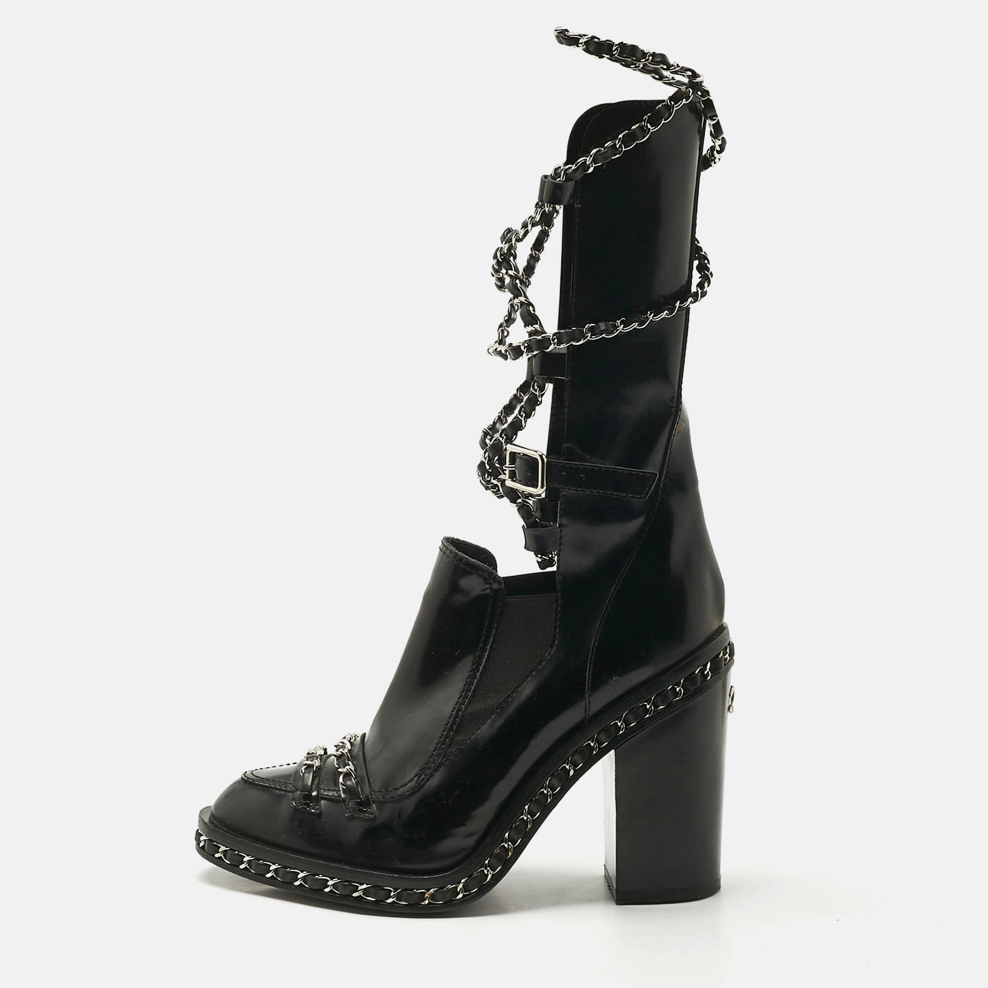 Chanel Black Patent Leather Chain Detail Mid Calf Boots Size 38