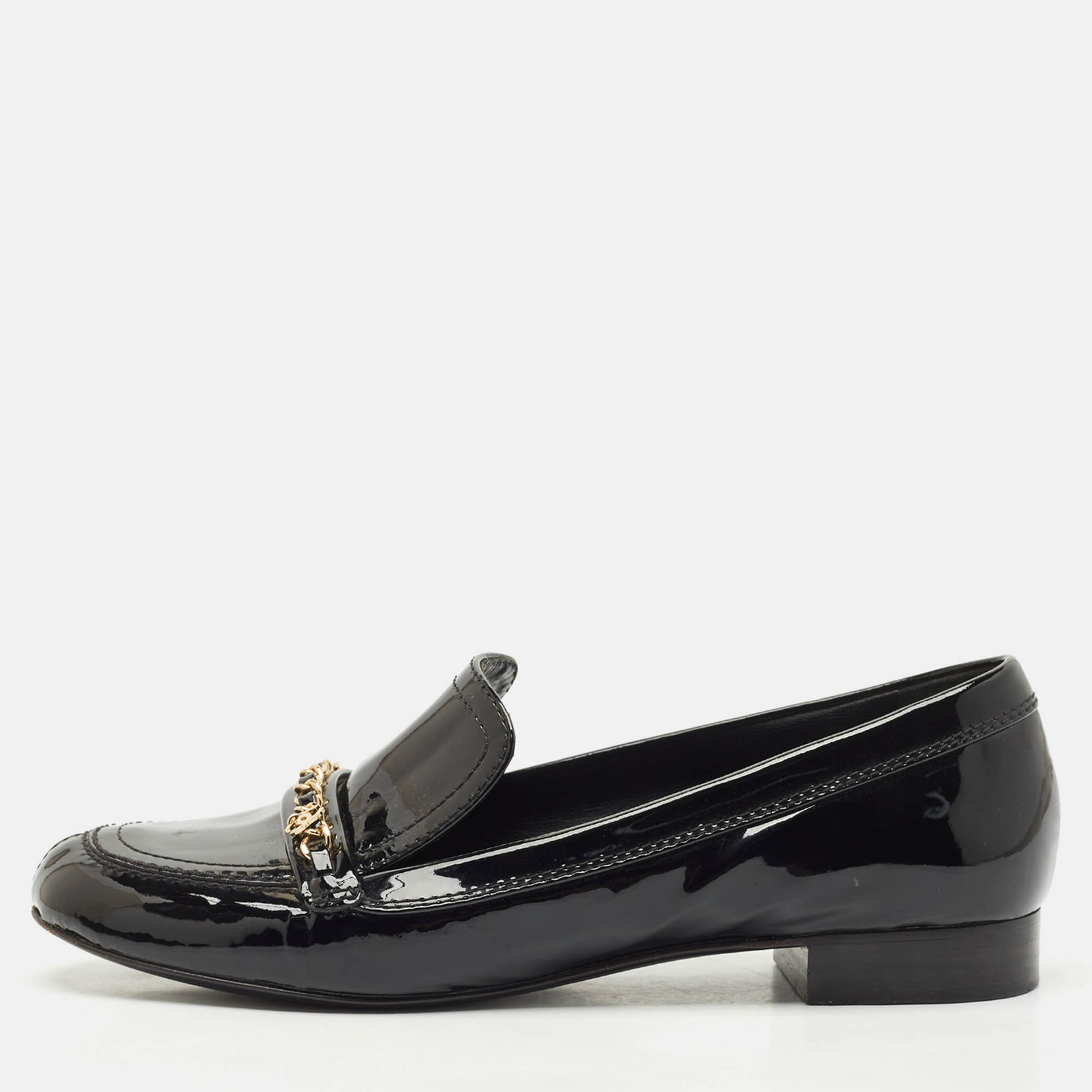 Chanel Black Patent Leather CC Slip On Loafers Size 39