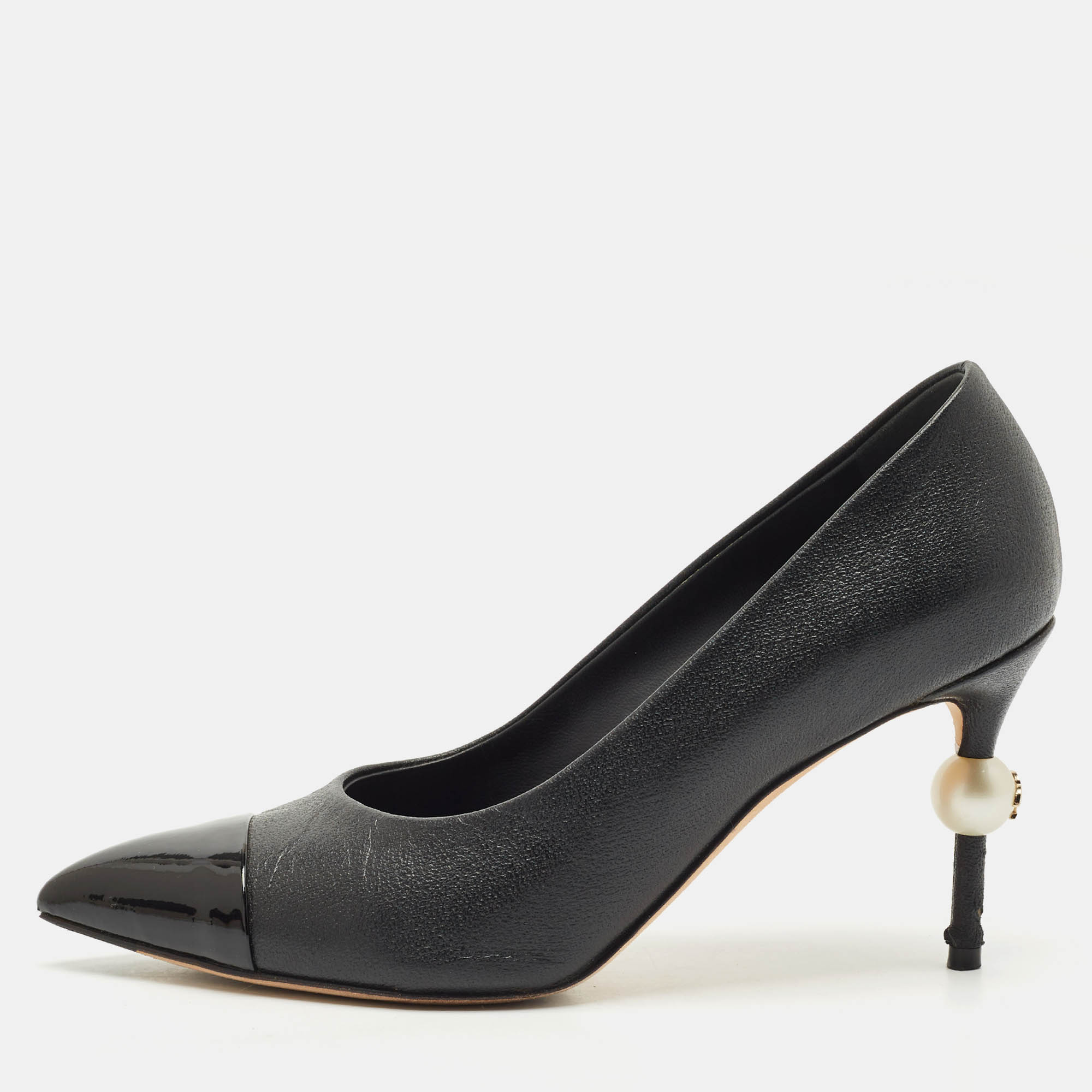 Chanel Black Patent and Leather Cap Toe Pearl Pumps Size 36.5