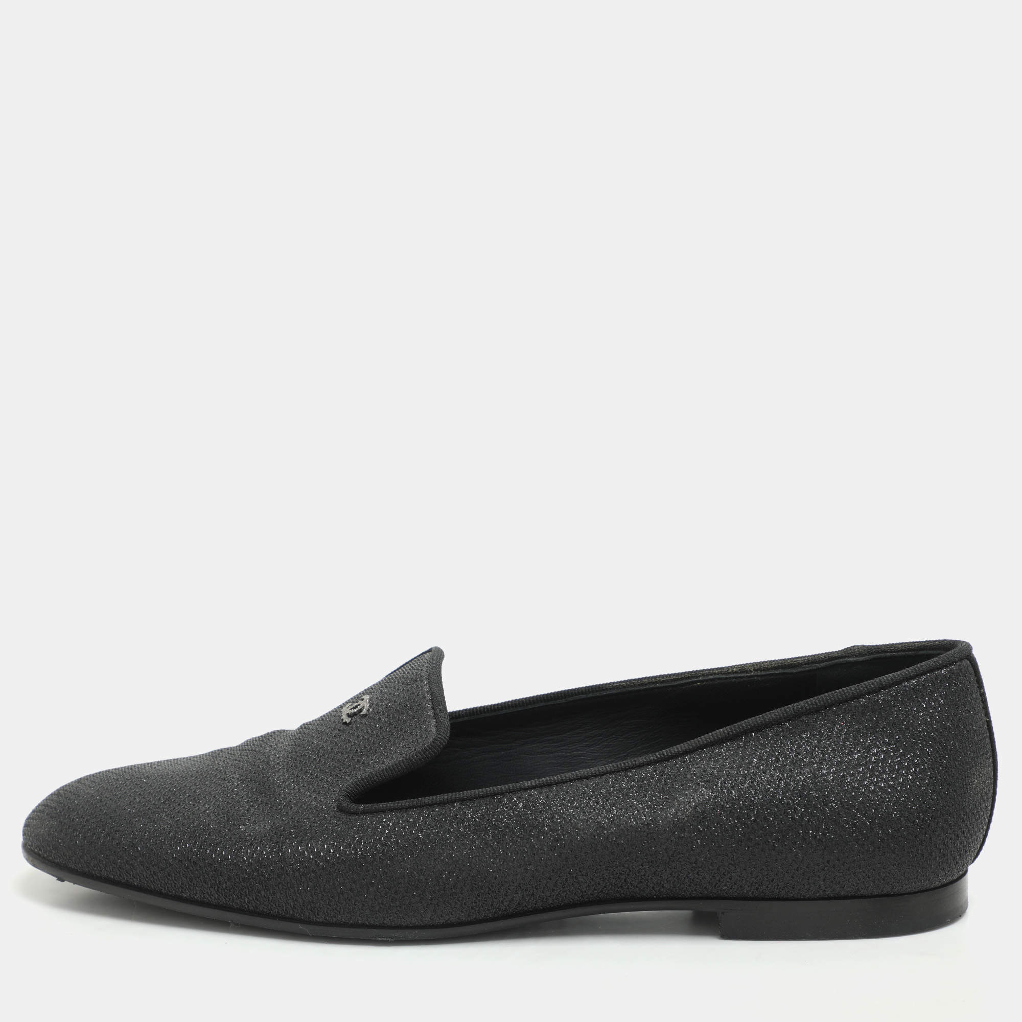 Chanel Black Lame Fabric CC Moccasins Size 39